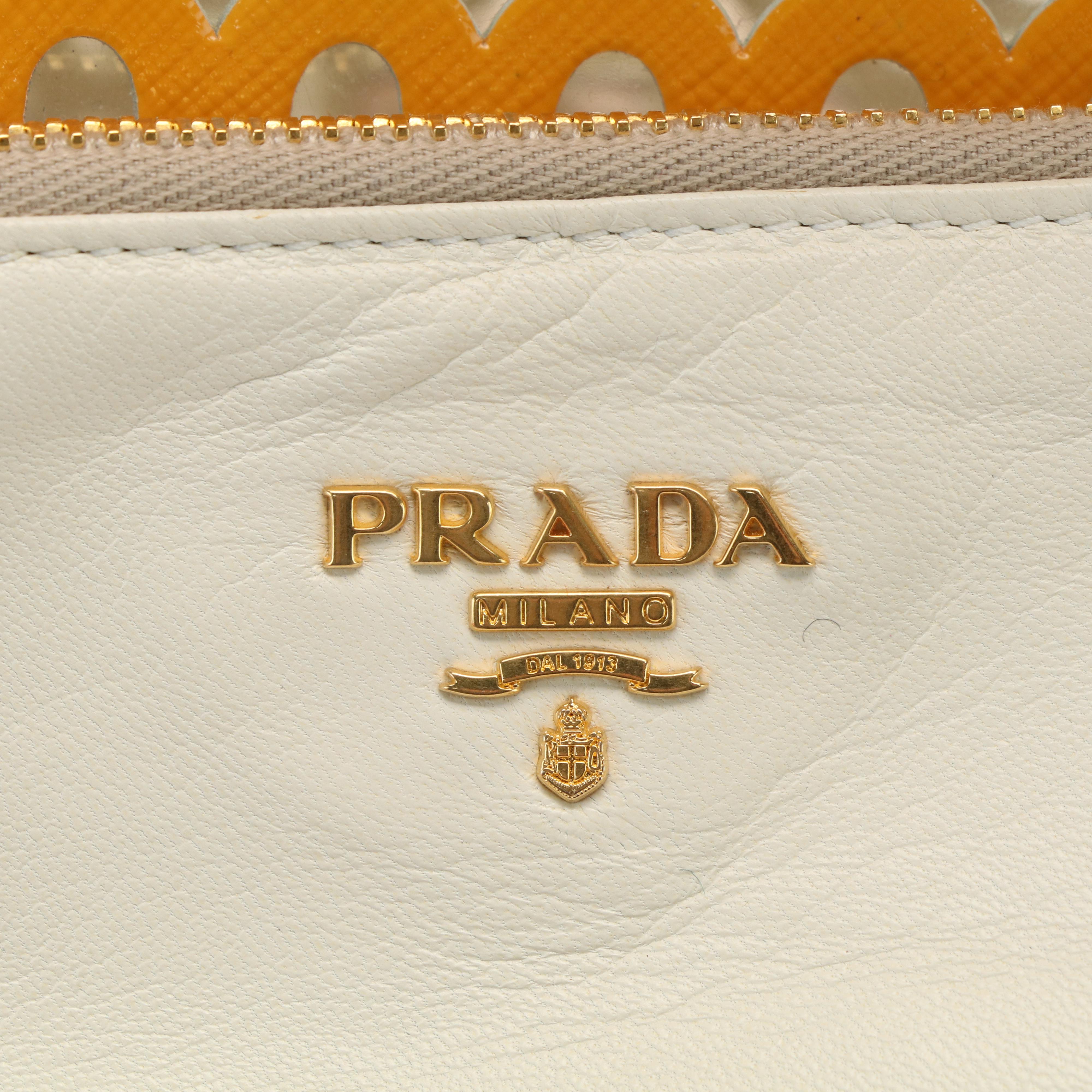 Prada Vernice Perforated Handle Bag in Lazer Cut Yellow Leather