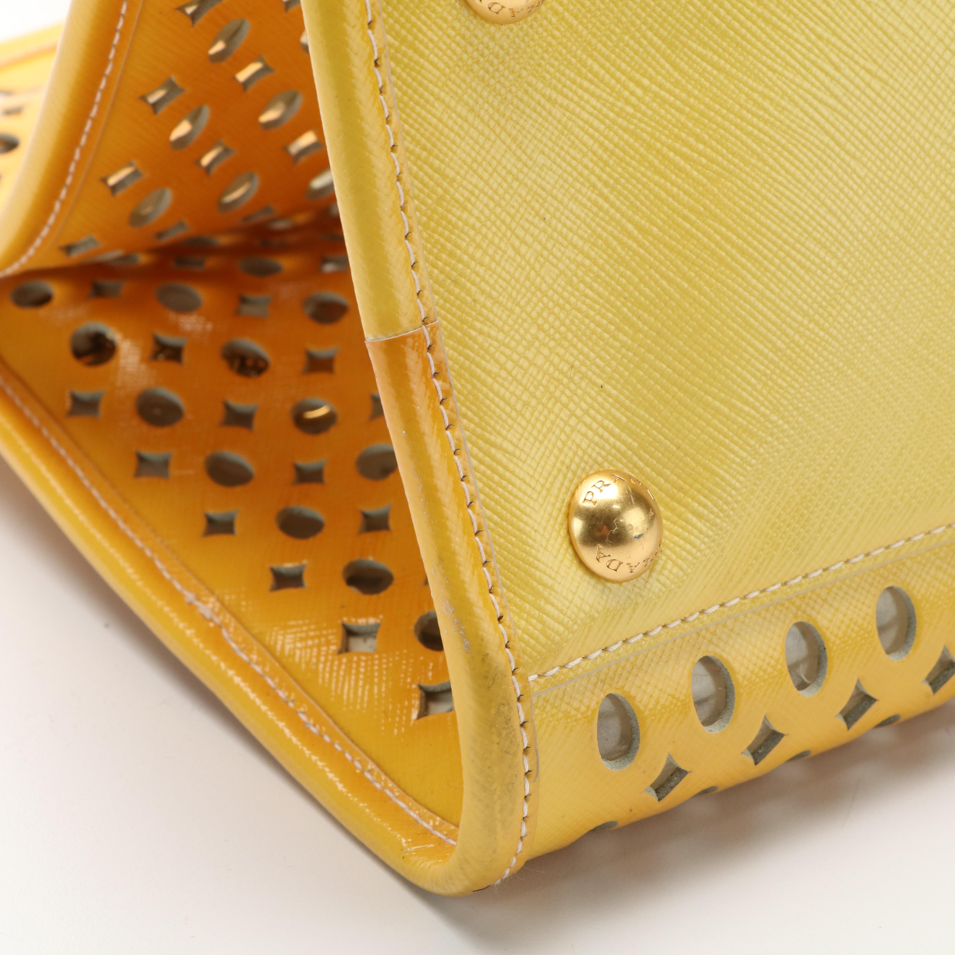 Prada Vernice Perforated Handle Bag in Lazer Cut Yellow Leather