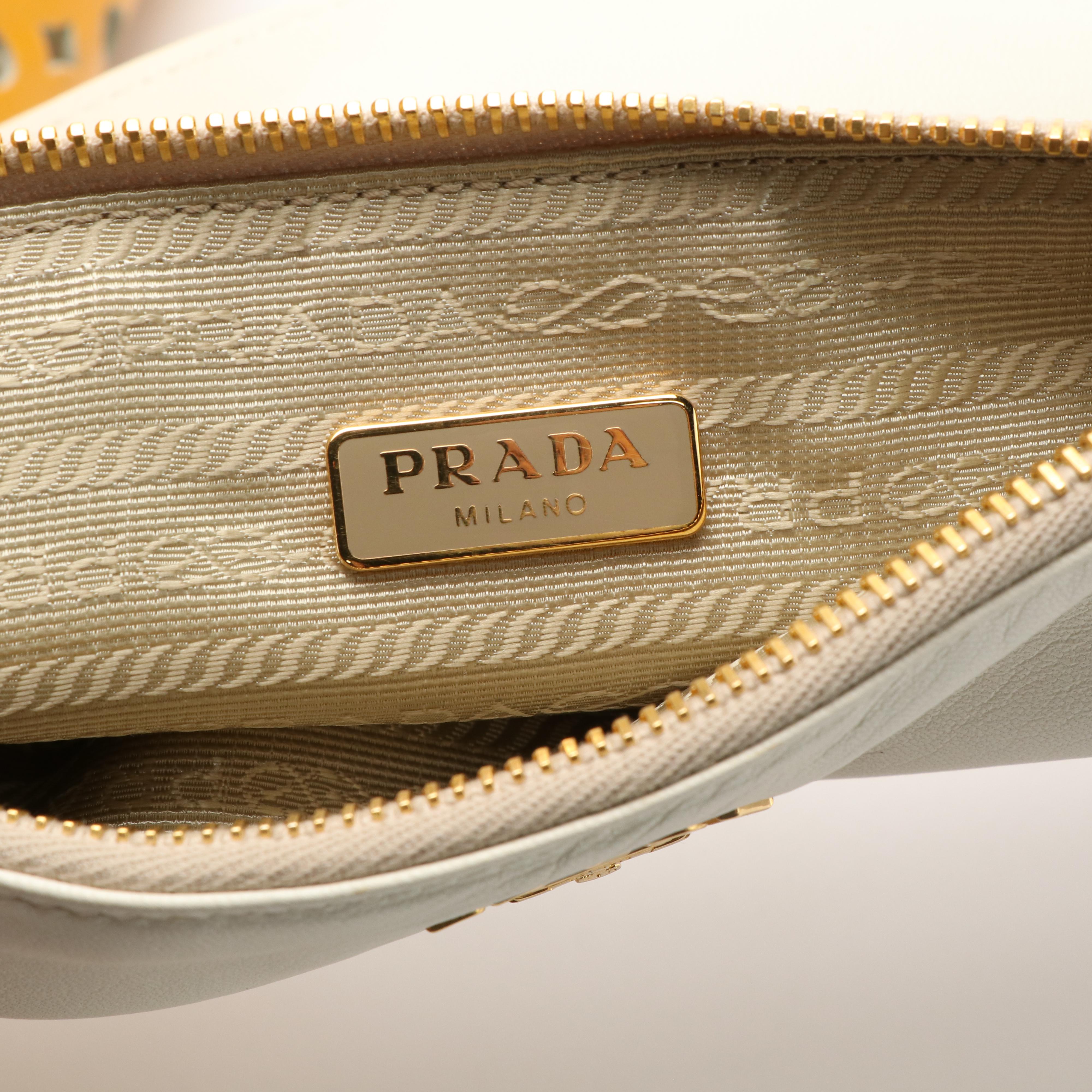 Prada Vernice Perforated Handle Bag in Lazer Cut Yellow Leather