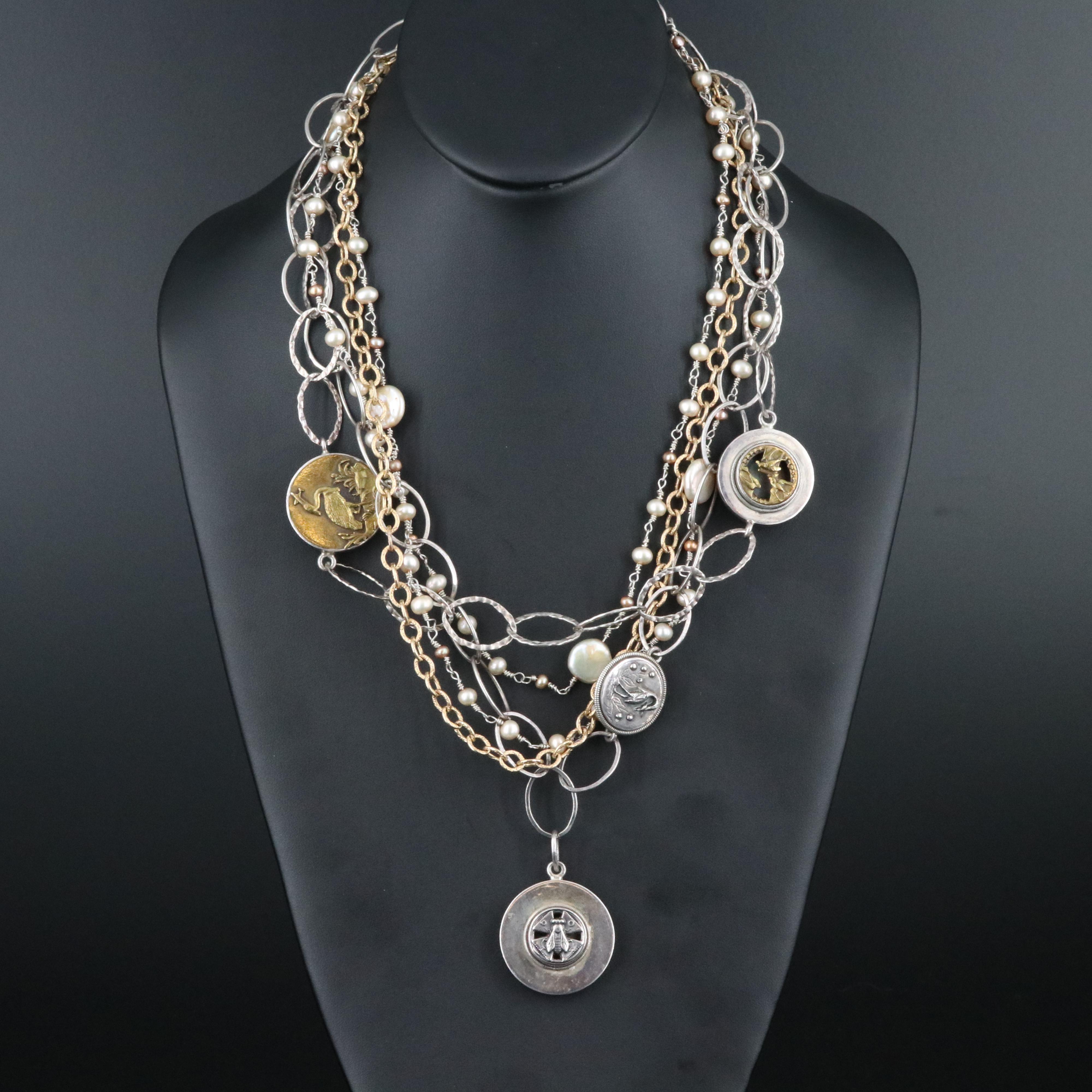 Mars and Valentine Sterling and Pearl Token Necklace