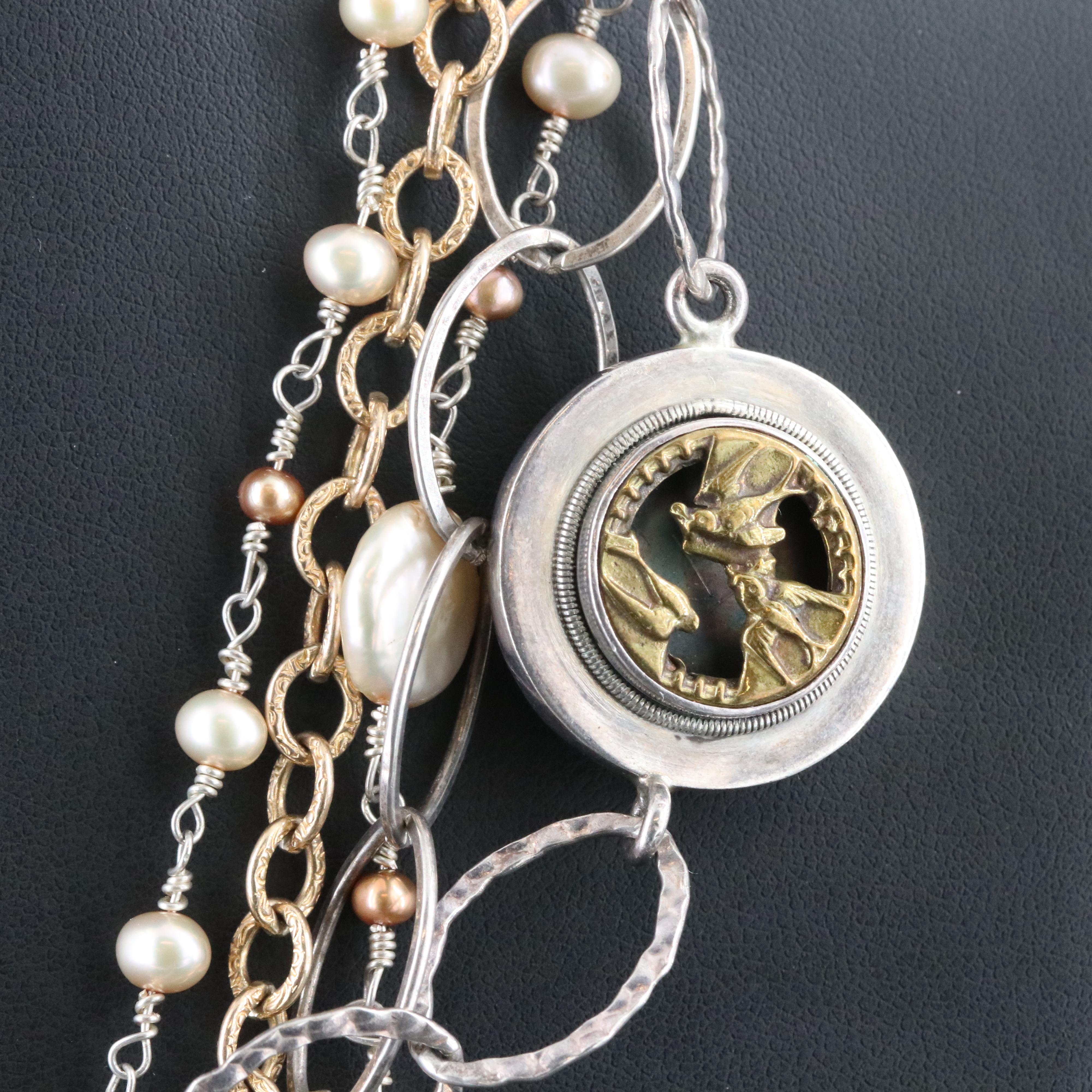 Mars and Valentine Sterling and Pearl Token Necklace