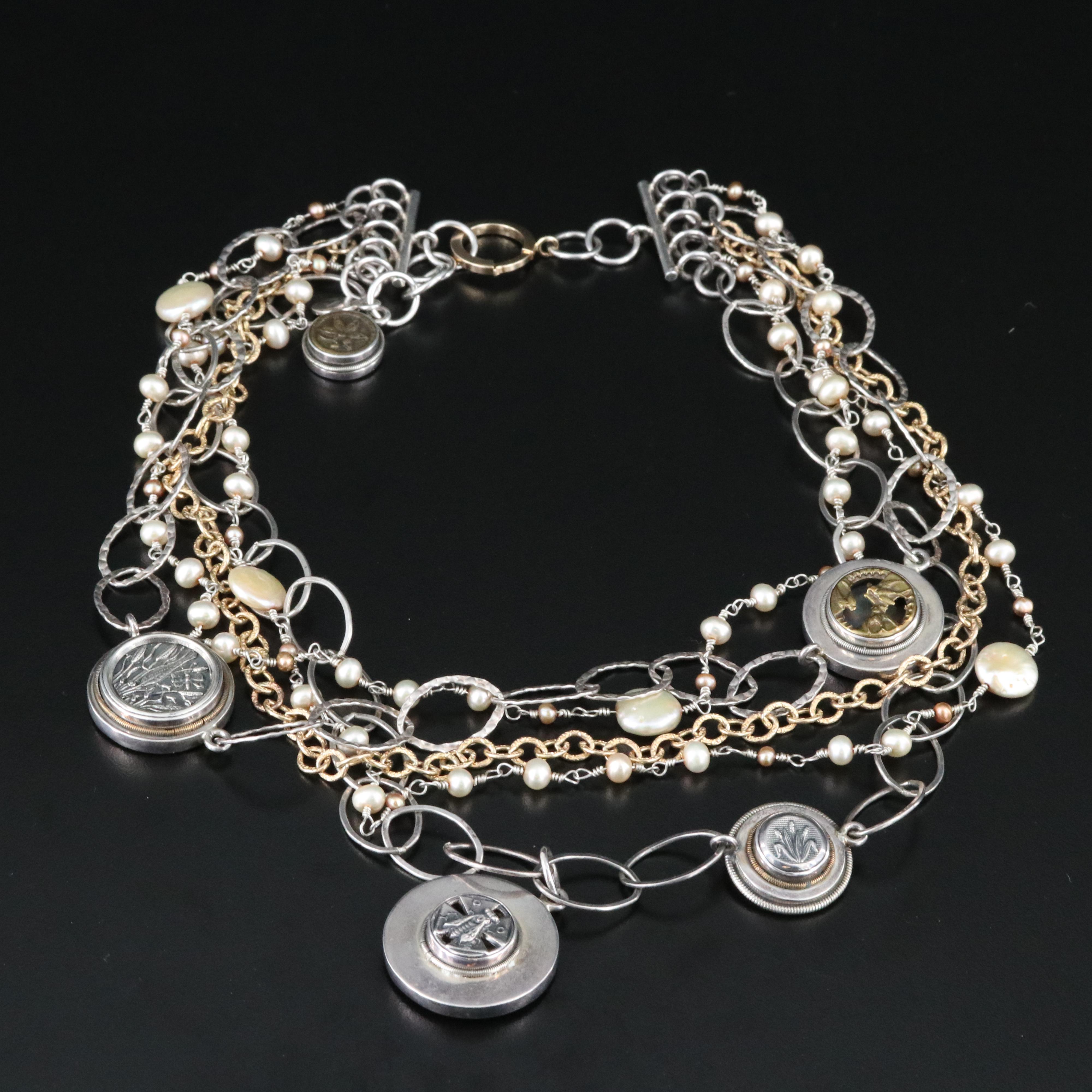 Mars and Valentine Sterling and Pearl Token Necklace