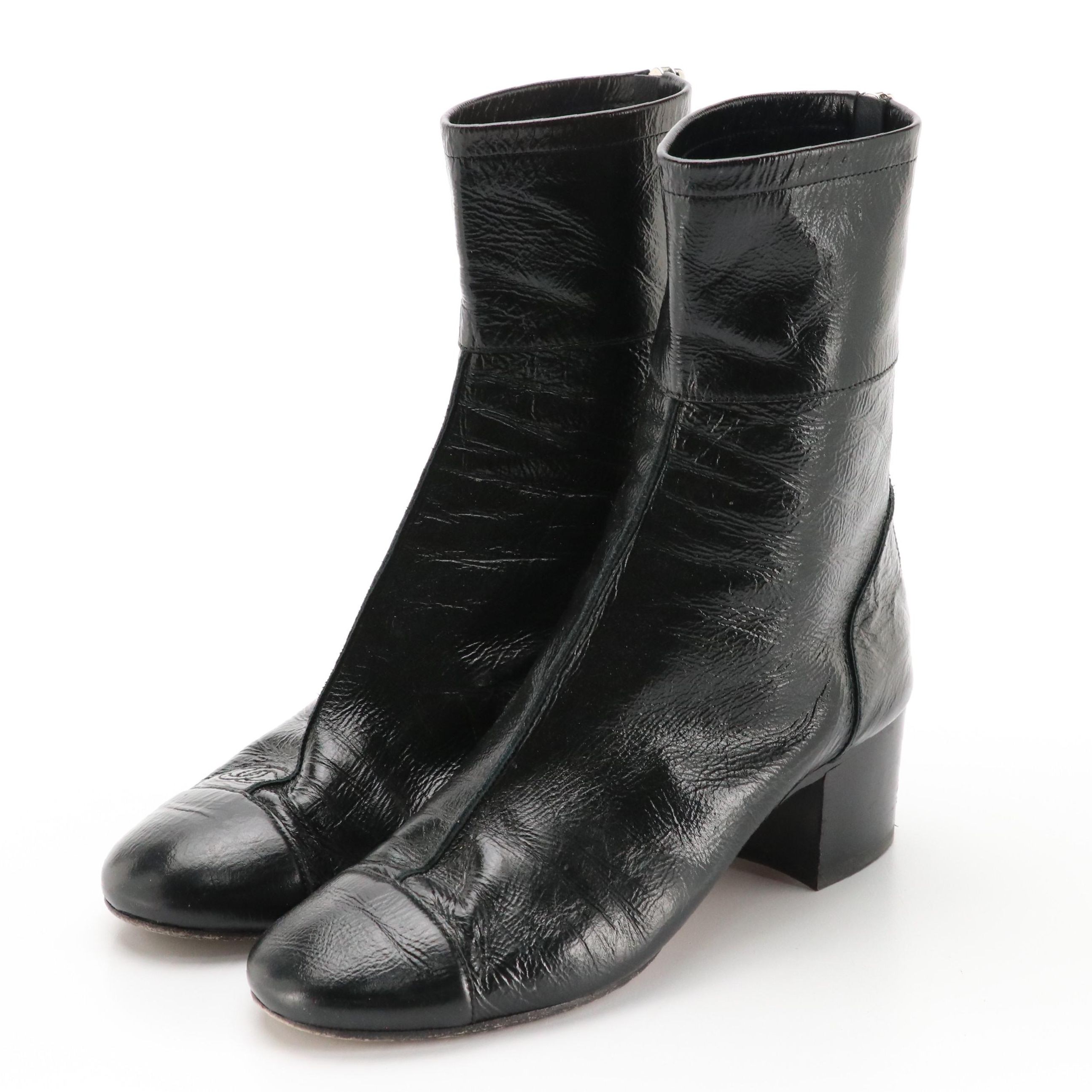 Chanel Black Crinkled Glossy Leather CC Cap-Toe Ankle Zip Boots