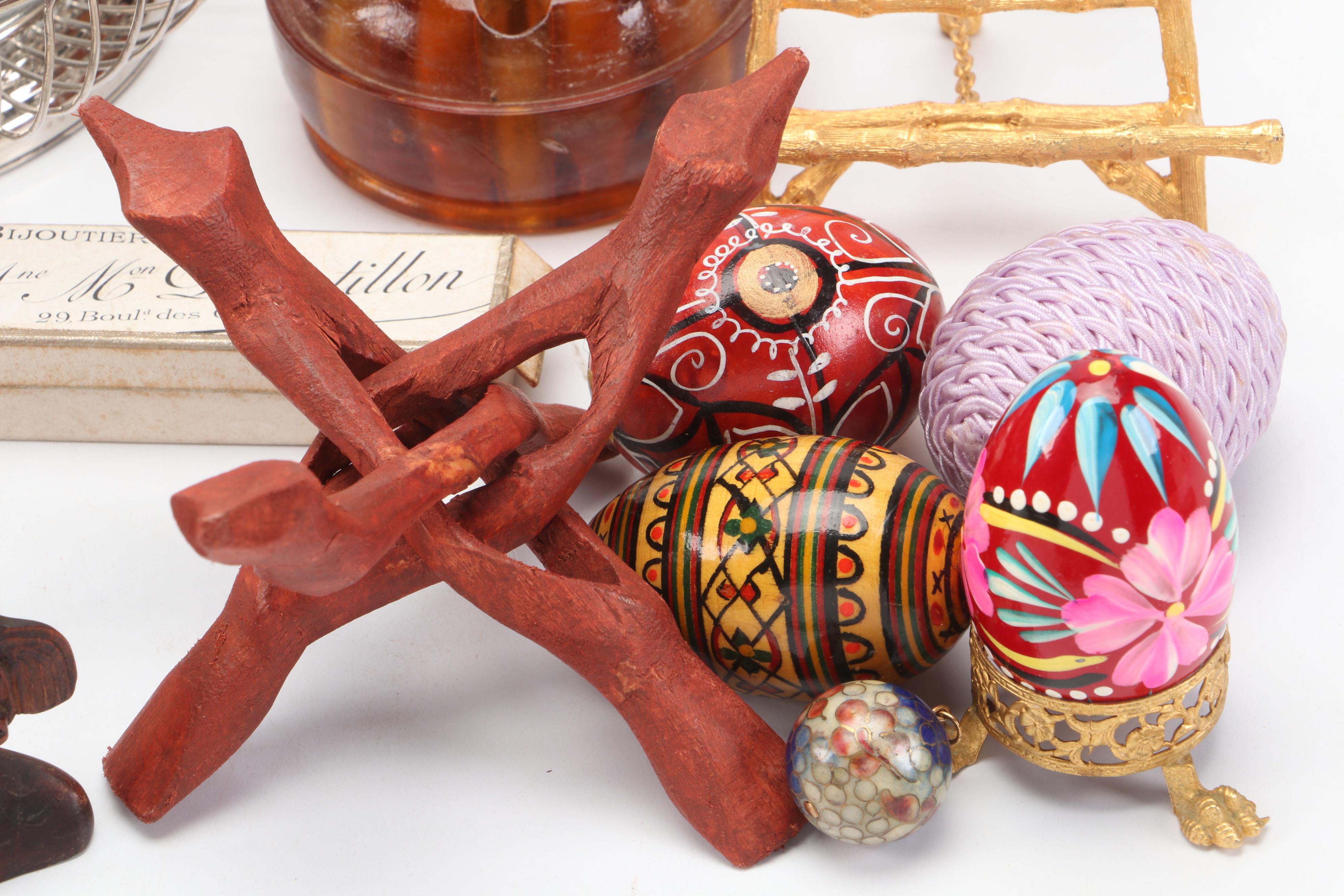 Painted Eggs with German Wallet, Pendants, Carved Wood and More Décor