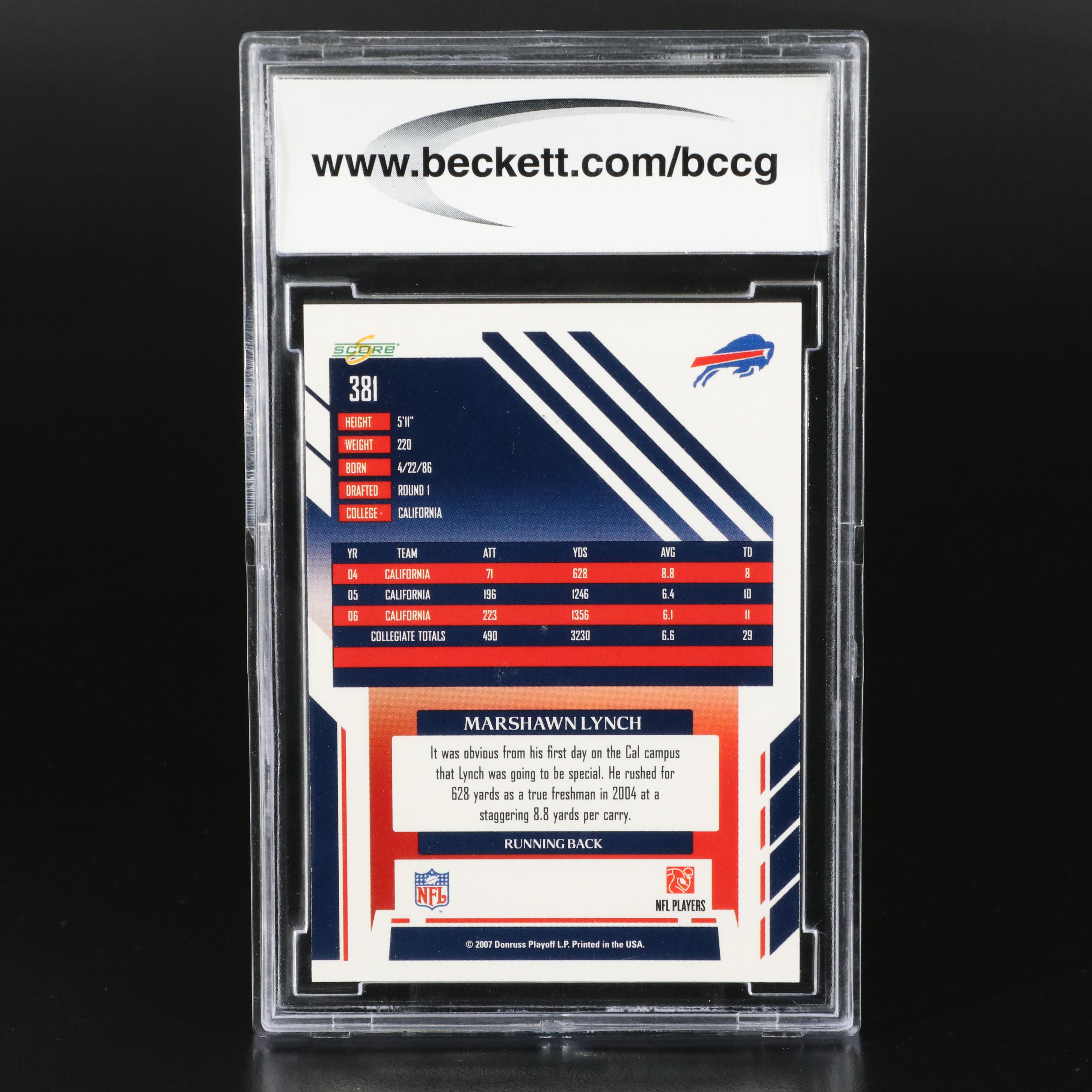 2007 Score Marshawn Lynch Buffalo Bills Rookie Card Graded BCCG 10