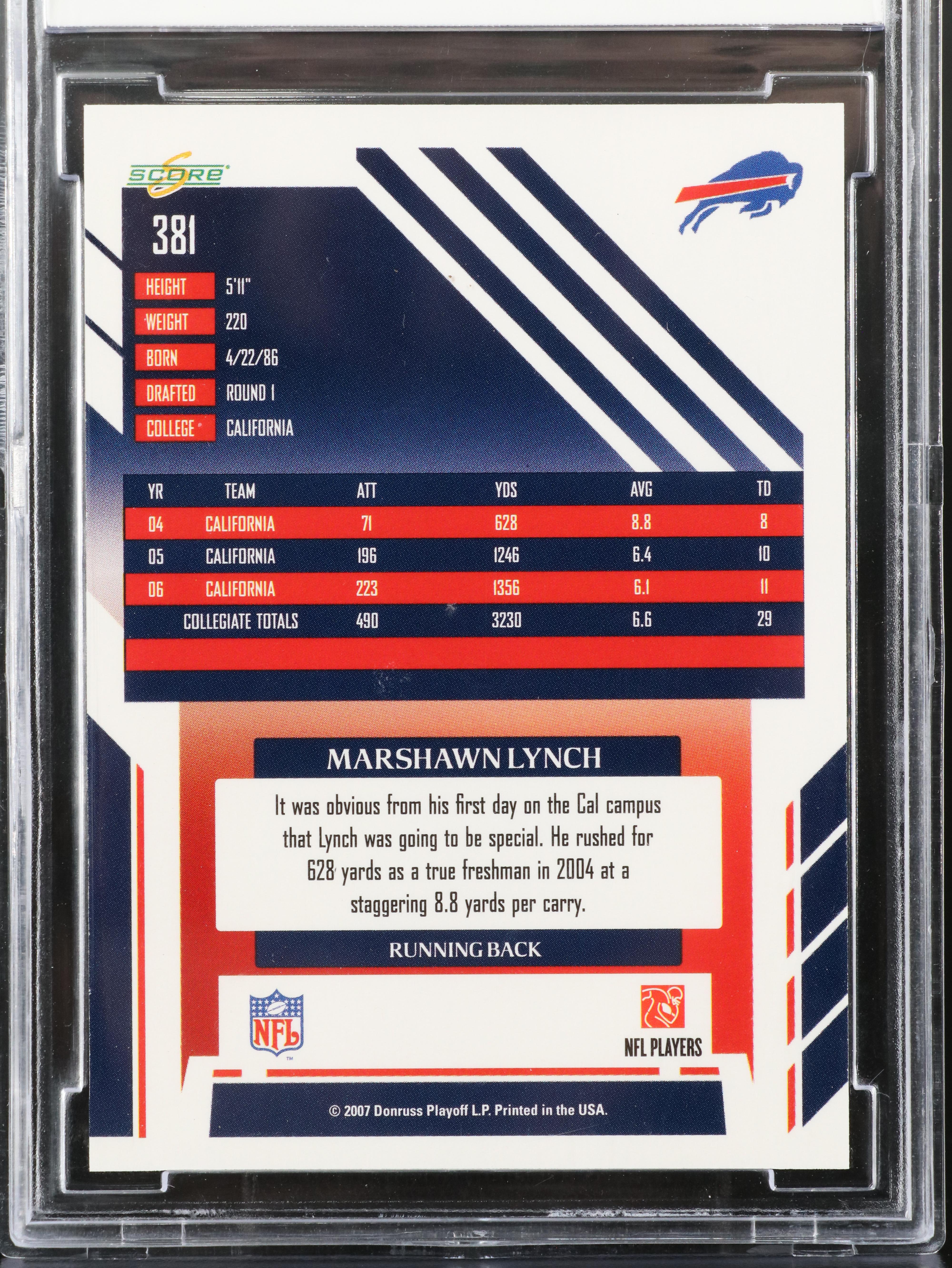 2007 Score Marshawn Lynch Buffalo Bills Rookie Card Graded BCCG 10