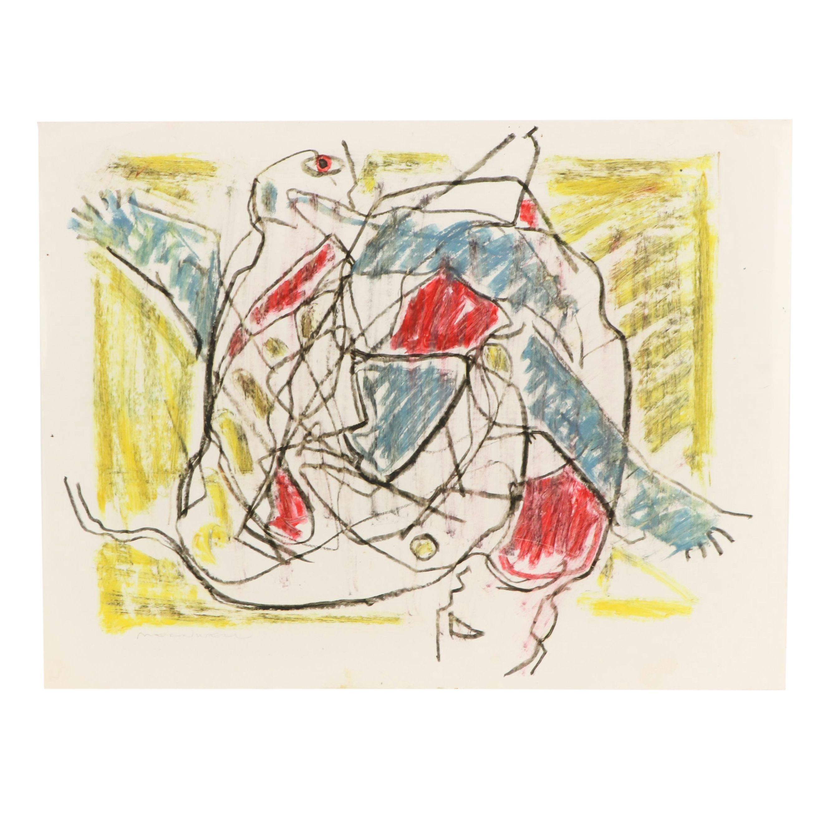Jack Meanwell Figural Modern Oil Pastel Drawing, Late 20th Century