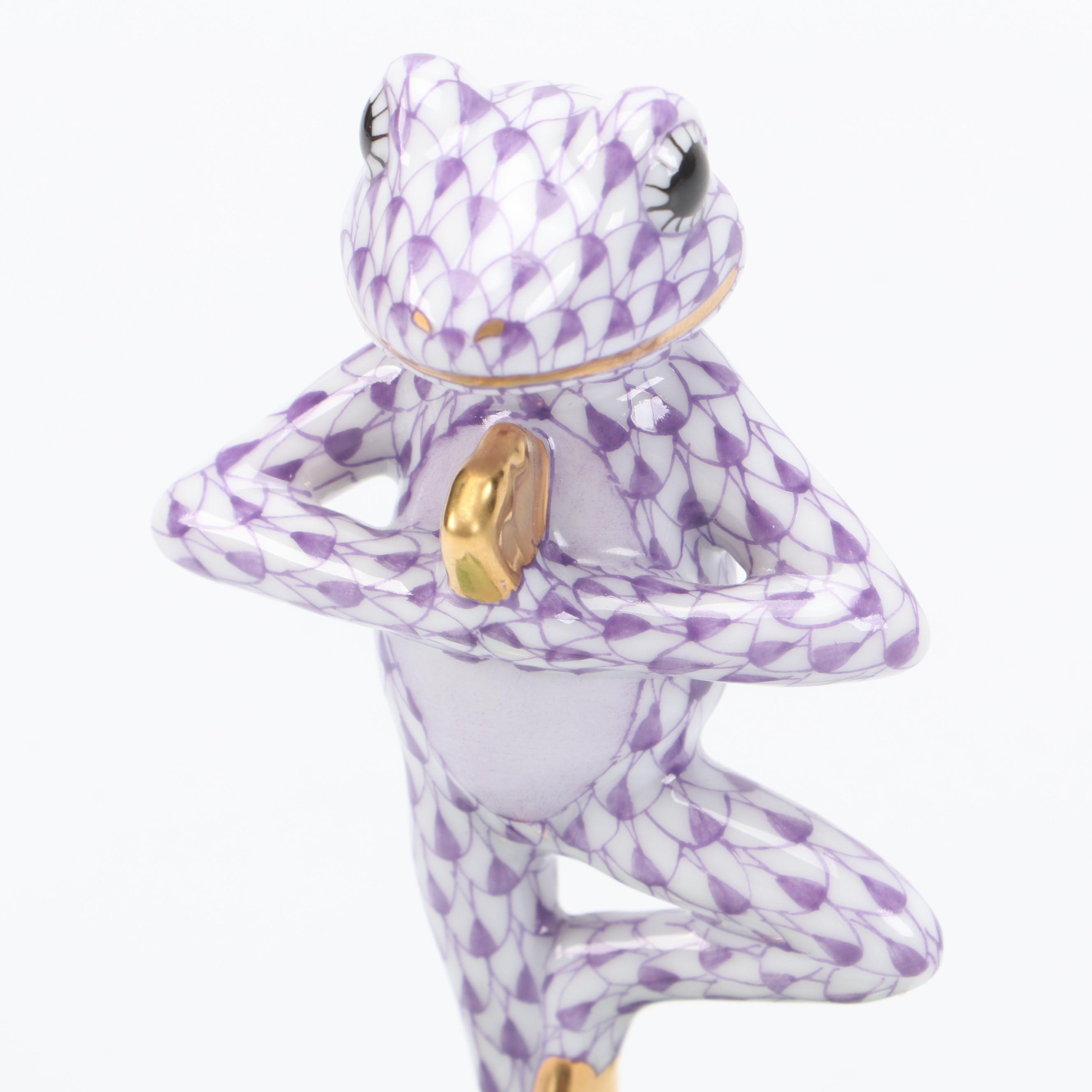 Herend Lilac Fishnet with Gold "Yoga Frog in Tree Pose" Porcelain Figurine