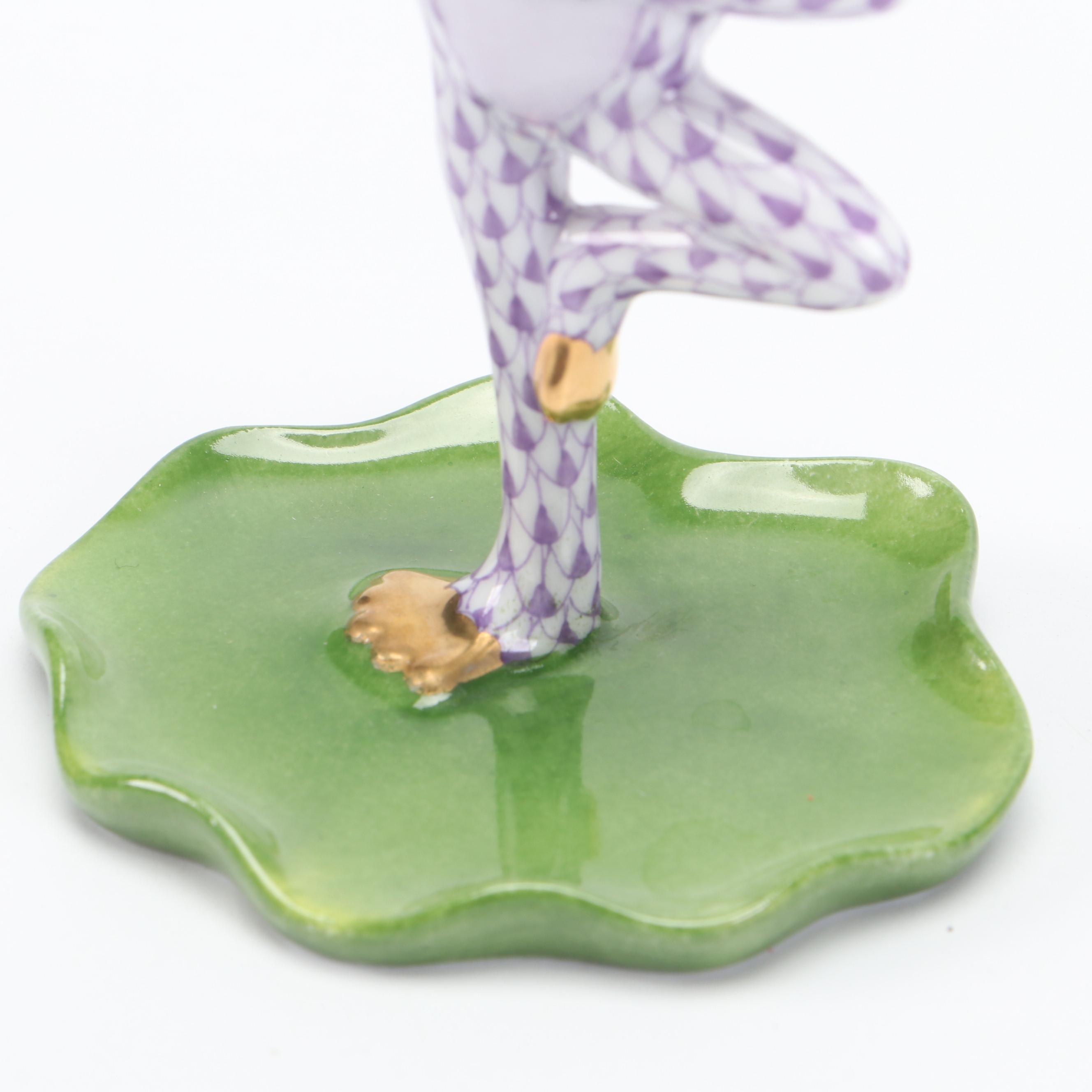Herend Lilac Fishnet with Gold "Yoga Frog in Tree Pose" Porcelain Figurine