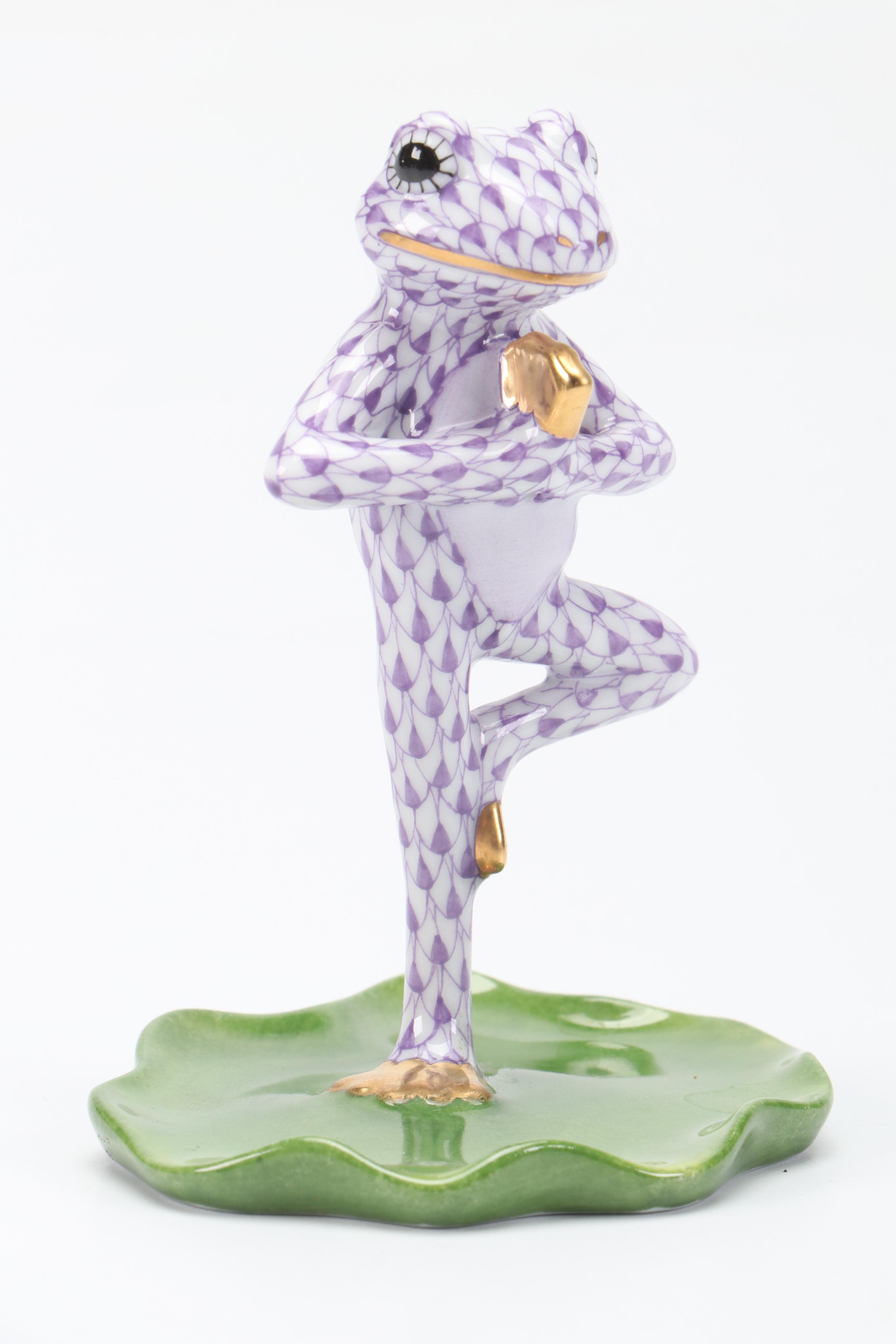 Herend Lilac Fishnet with Gold "Yoga Frog in Tree Pose" Porcelain Figurine