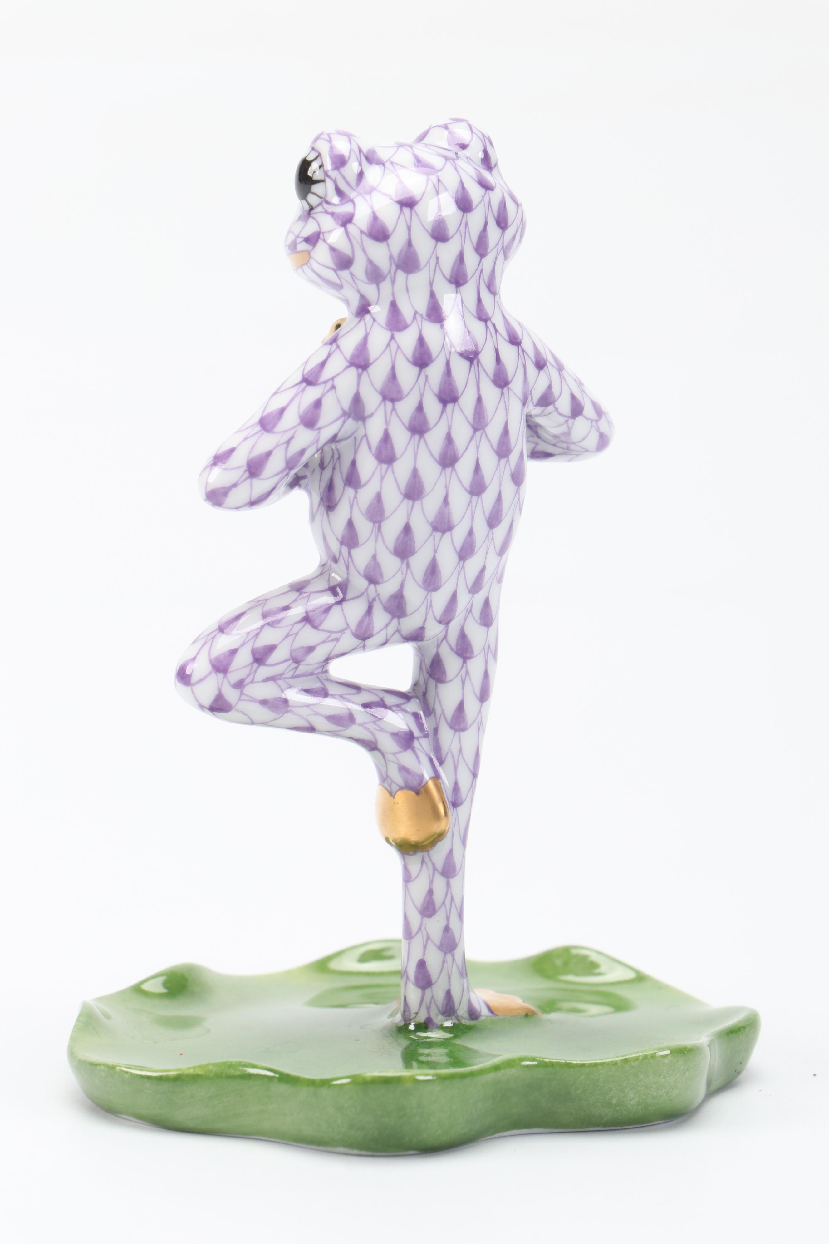 Herend Lilac Fishnet with Gold "Yoga Frog in Tree Pose" Porcelain Figurine