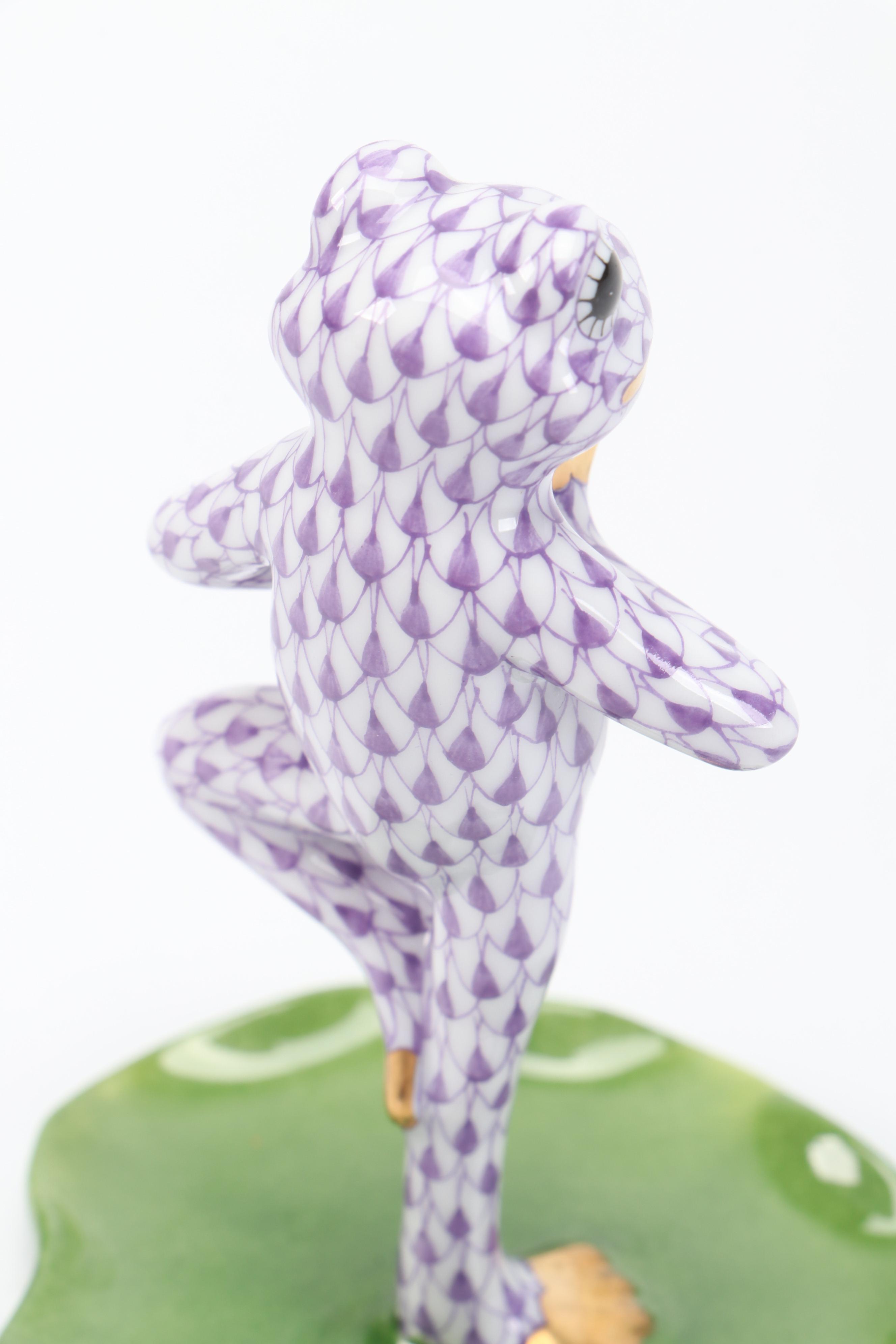 Herend Lilac Fishnet with Gold "Yoga Frog in Tree Pose" Porcelain Figurine