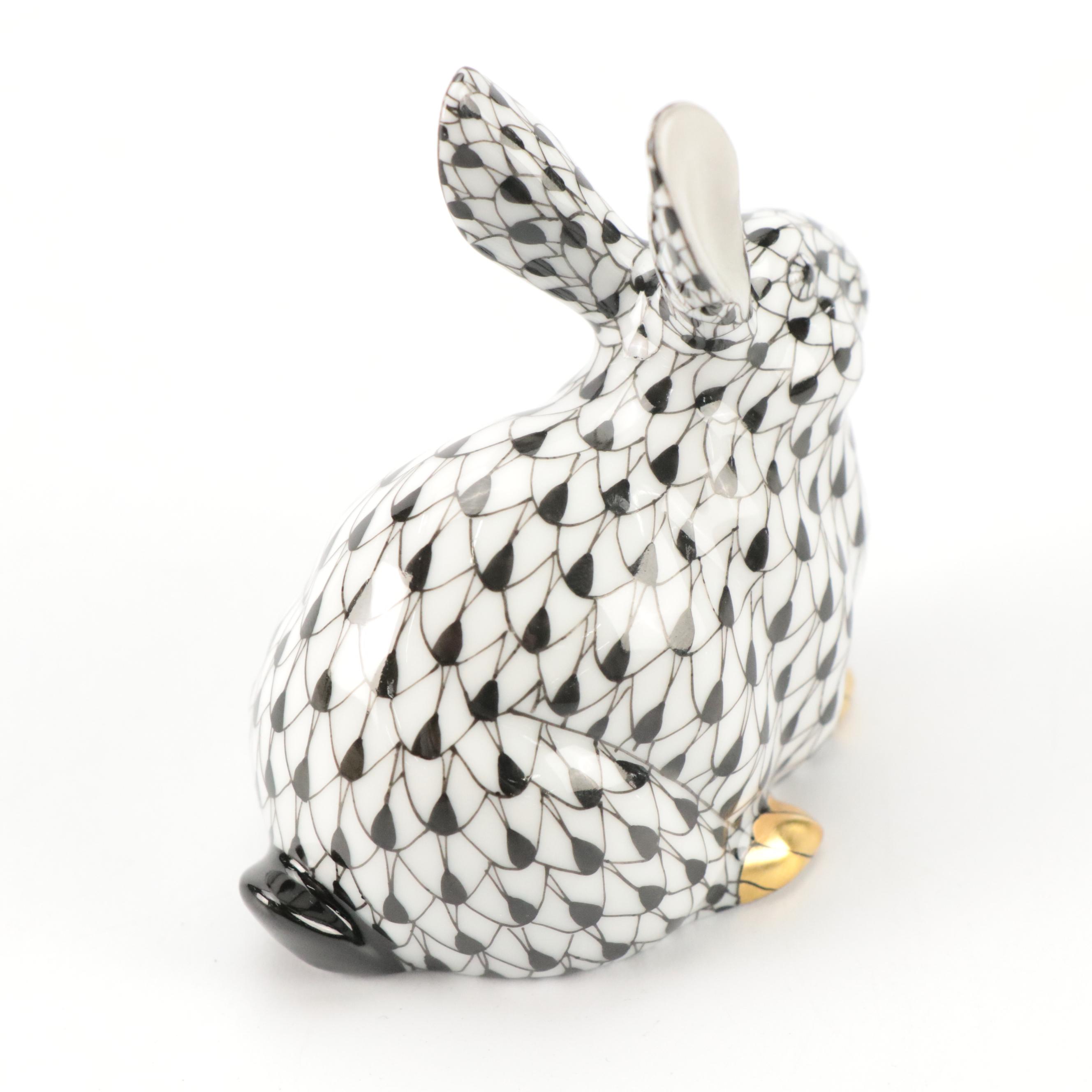 Herend Guild Black Fishnet with Gold "Chubby Bunny" Porcelain Figurine, 2006