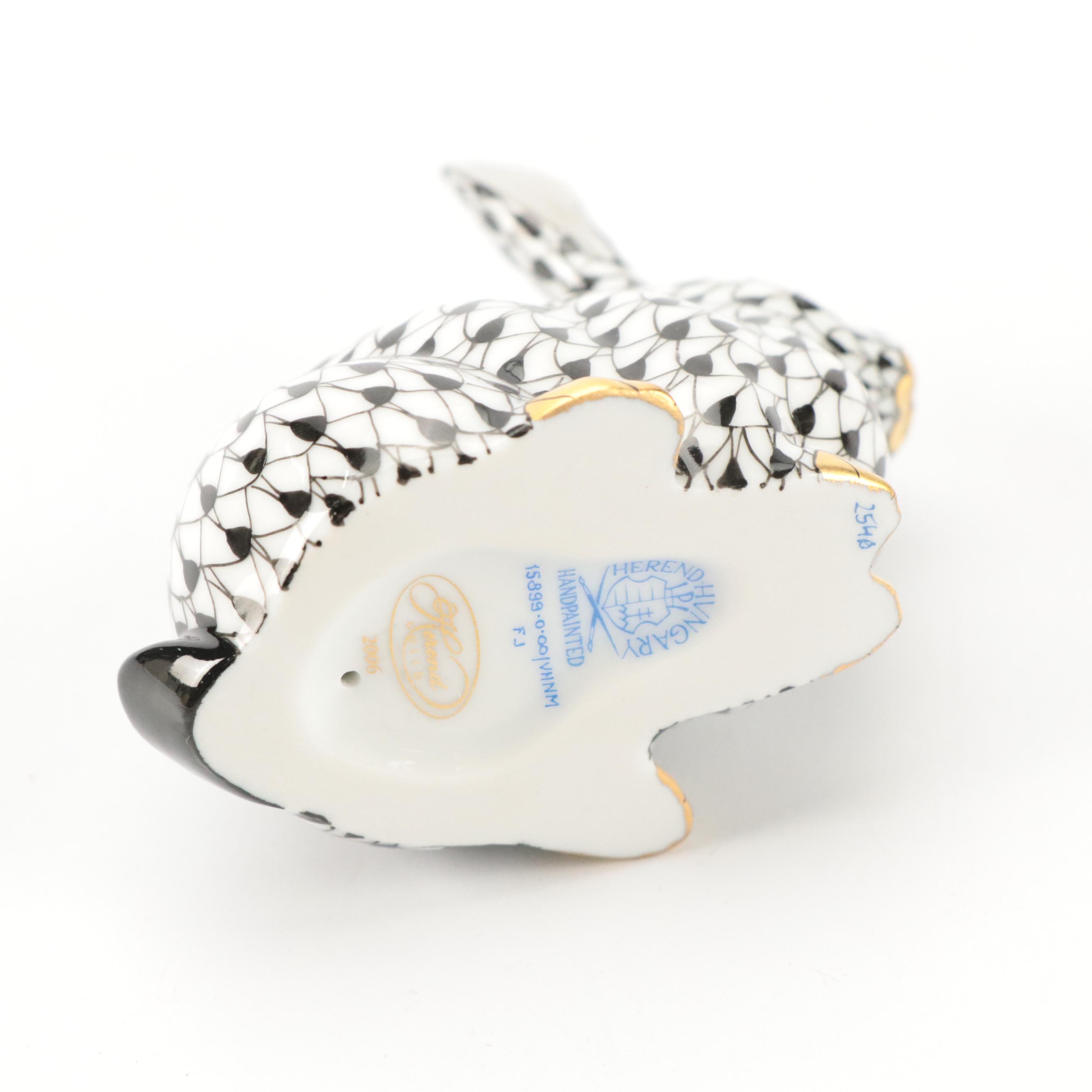 Herend Guild Black Fishnet with Gold "Chubby Bunny" Porcelain Figurine, 2006