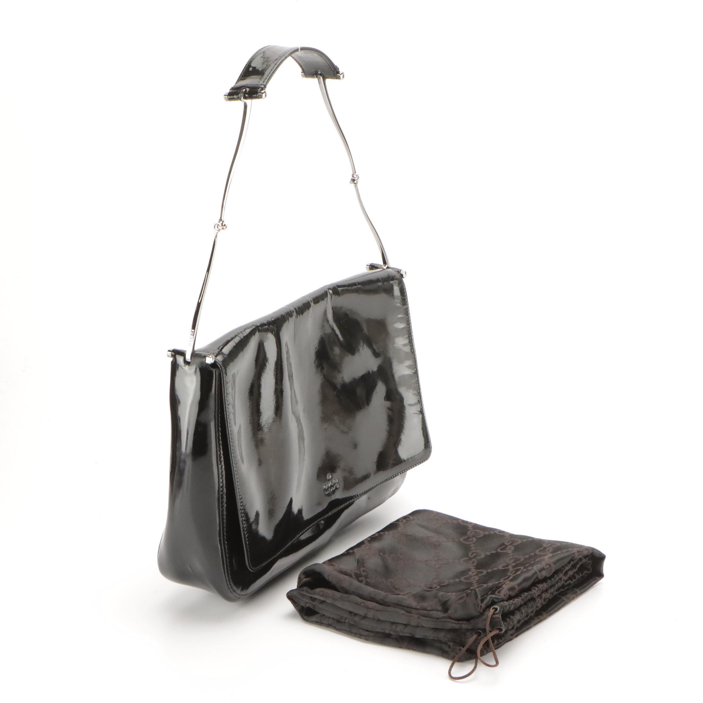 Gucci by Tom Ford Black Patent Leather Metal Strap Shoulder Bag