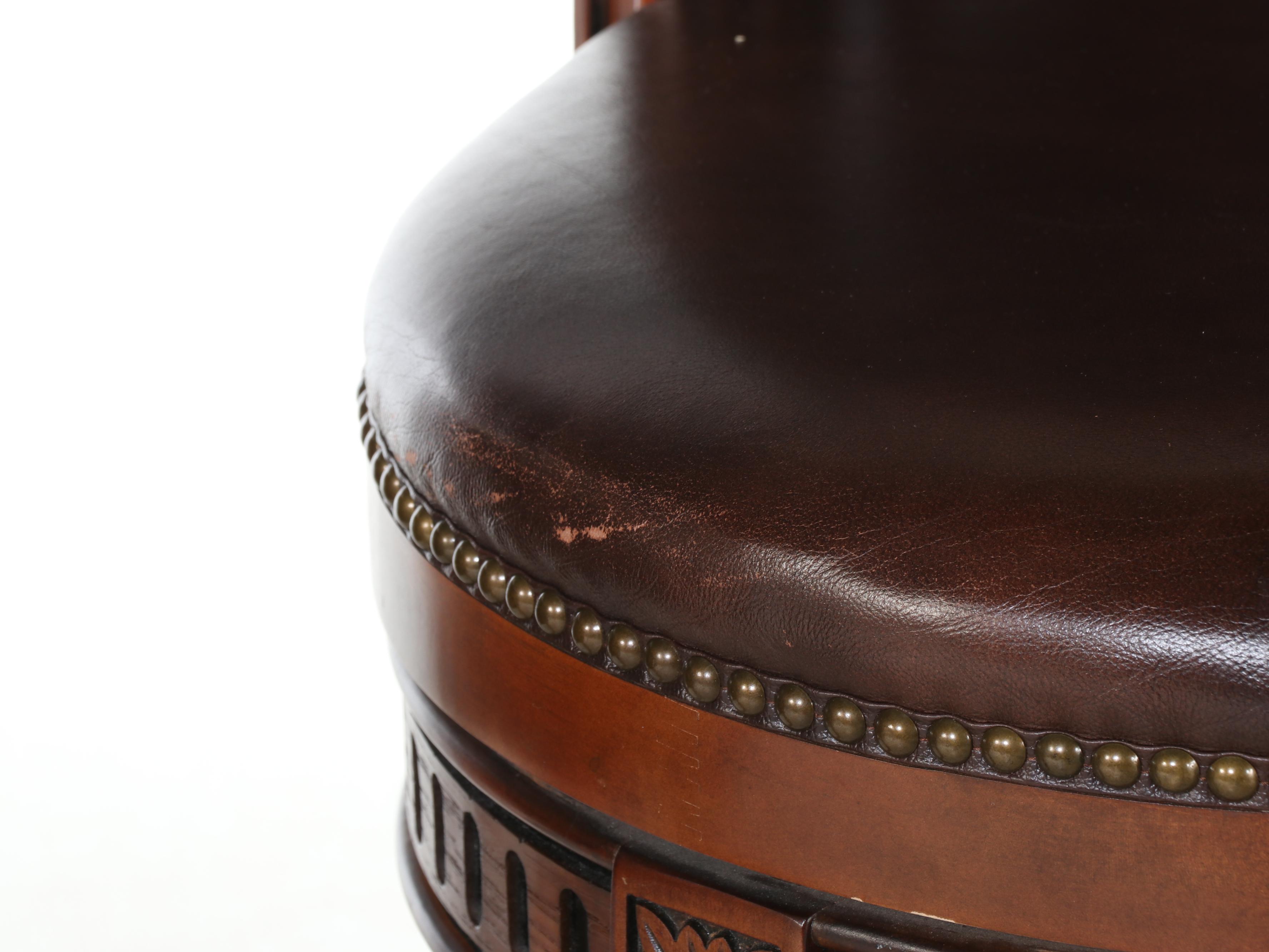 Four Frontgate "Manchester" Birch and Leather Swivel Bar Stools with Nailheads