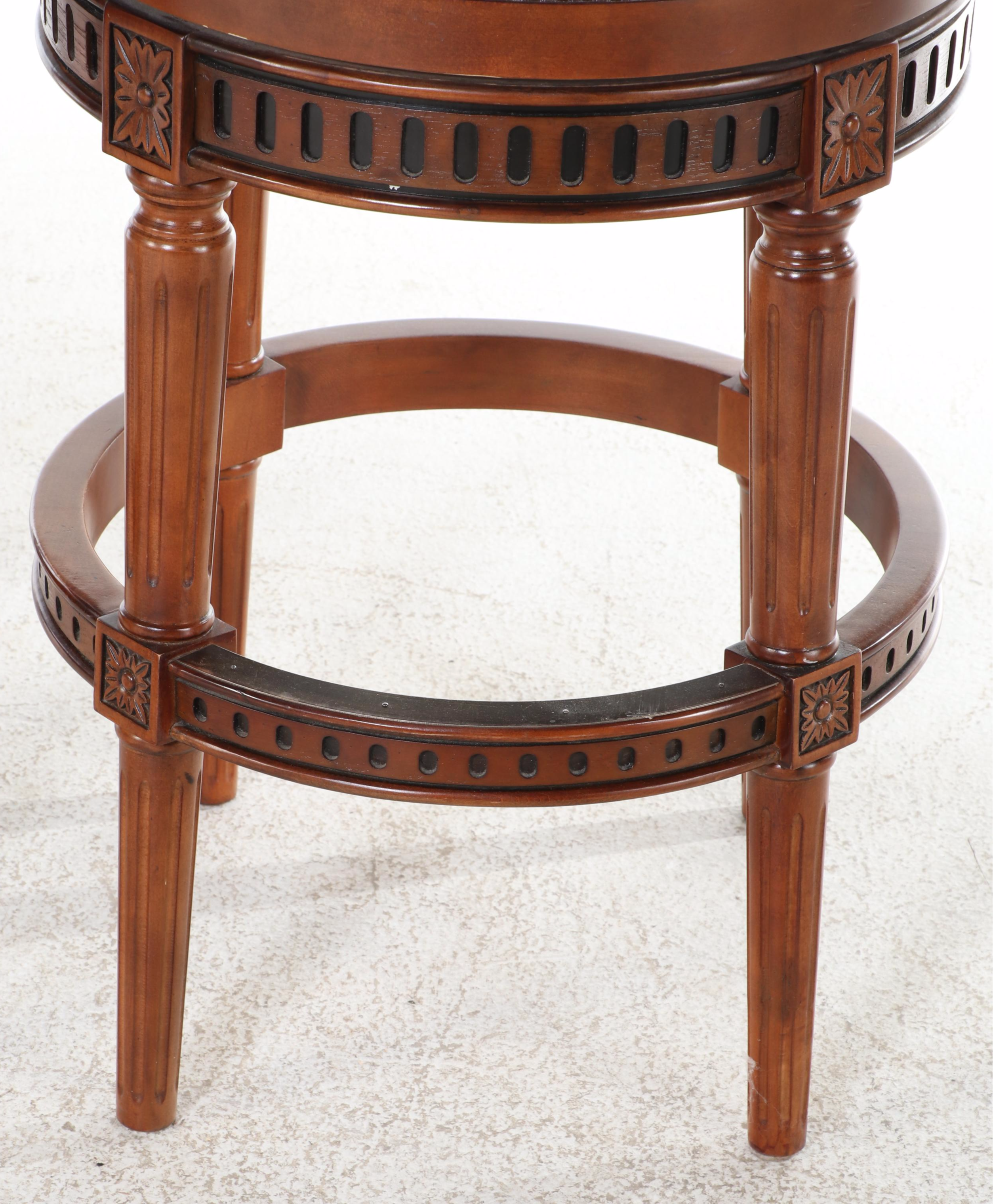 Four Frontgate "Manchester" Birch and Leather Swivel Bar Stools with Nailheads