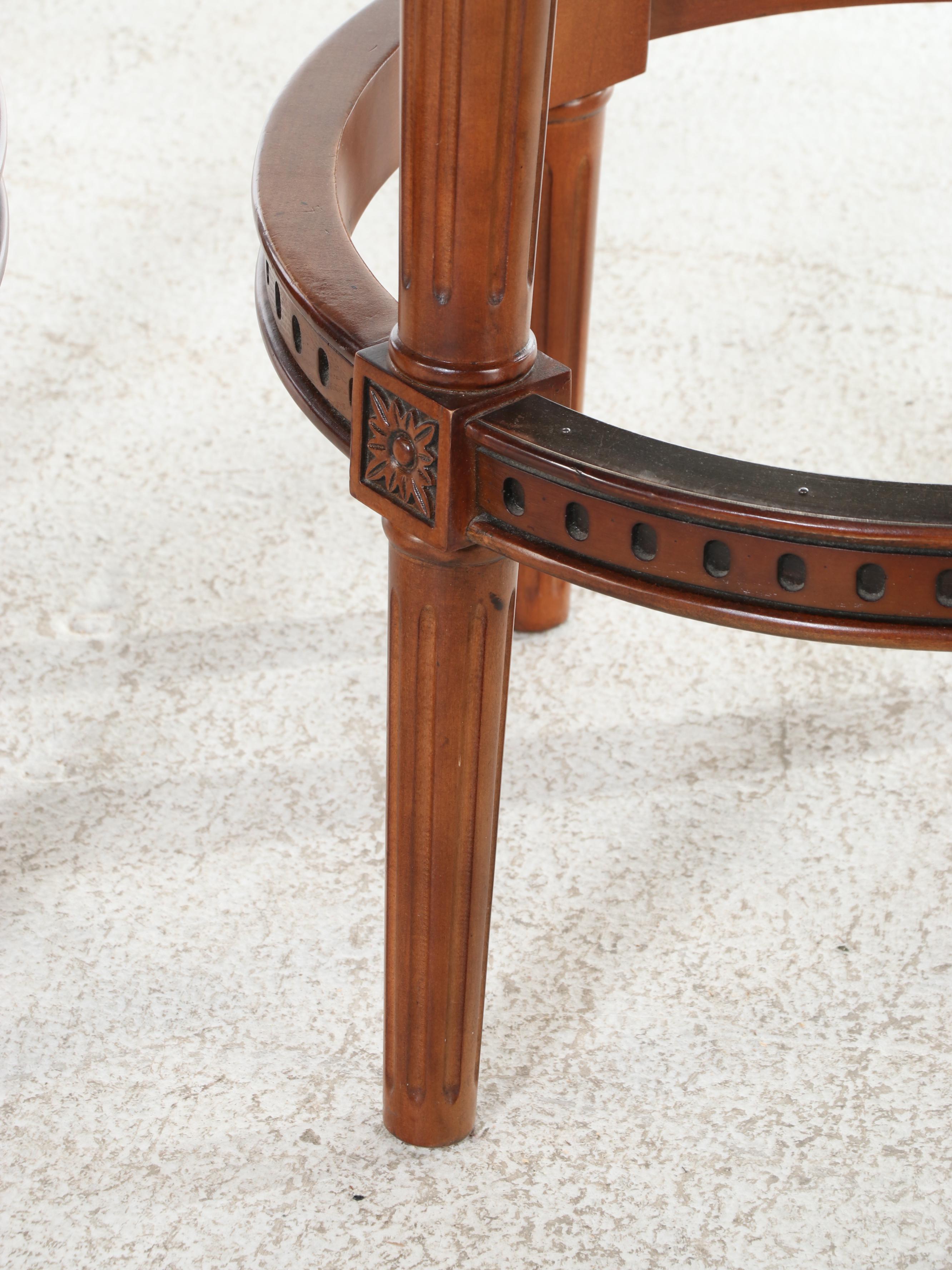 Four Frontgate "Manchester" Birch and Leather Swivel Bar Stools with Nailheads