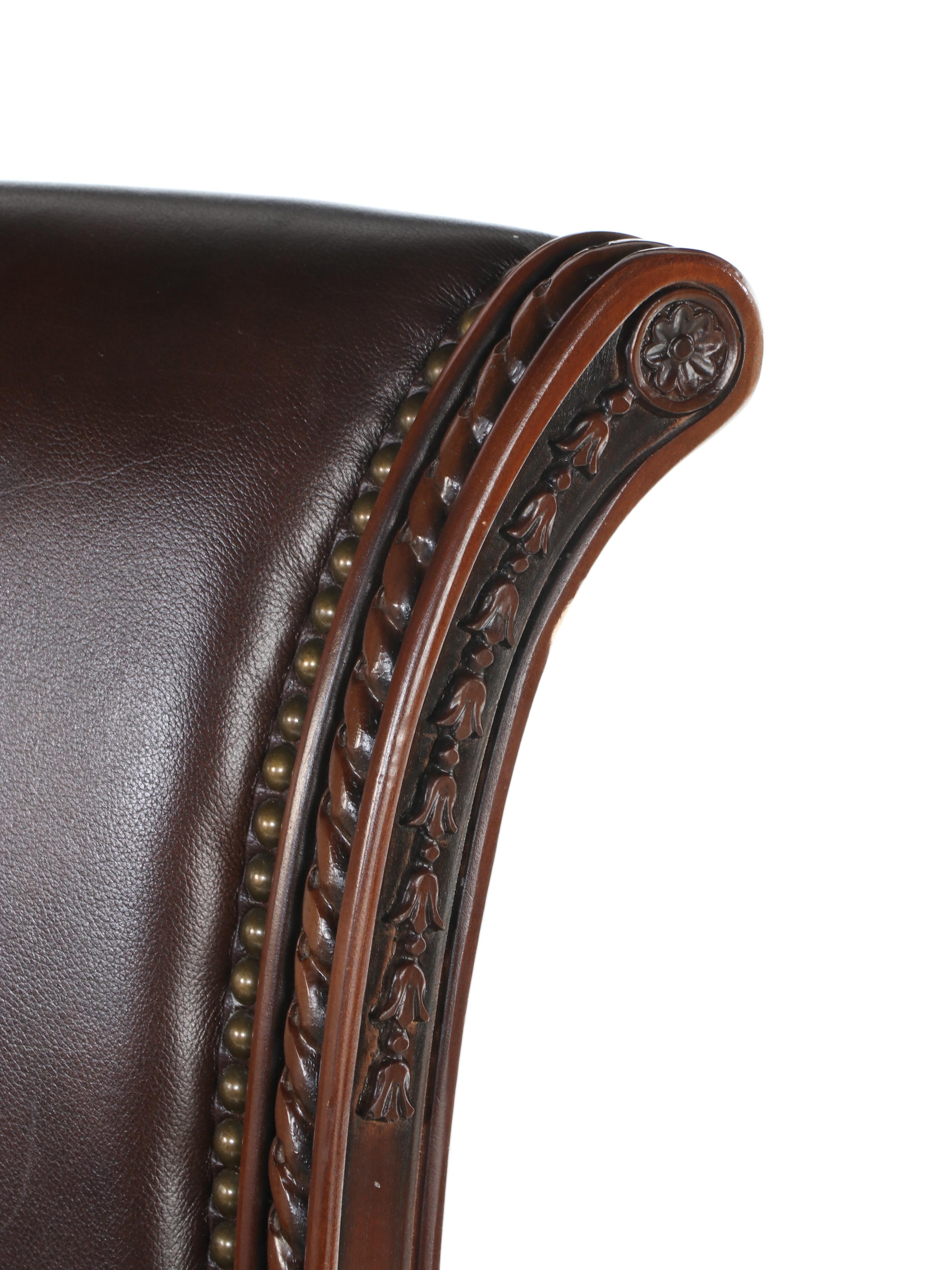 Four Frontgate "Manchester" Birch and Leather Swivel Bar Stools with Nailheads