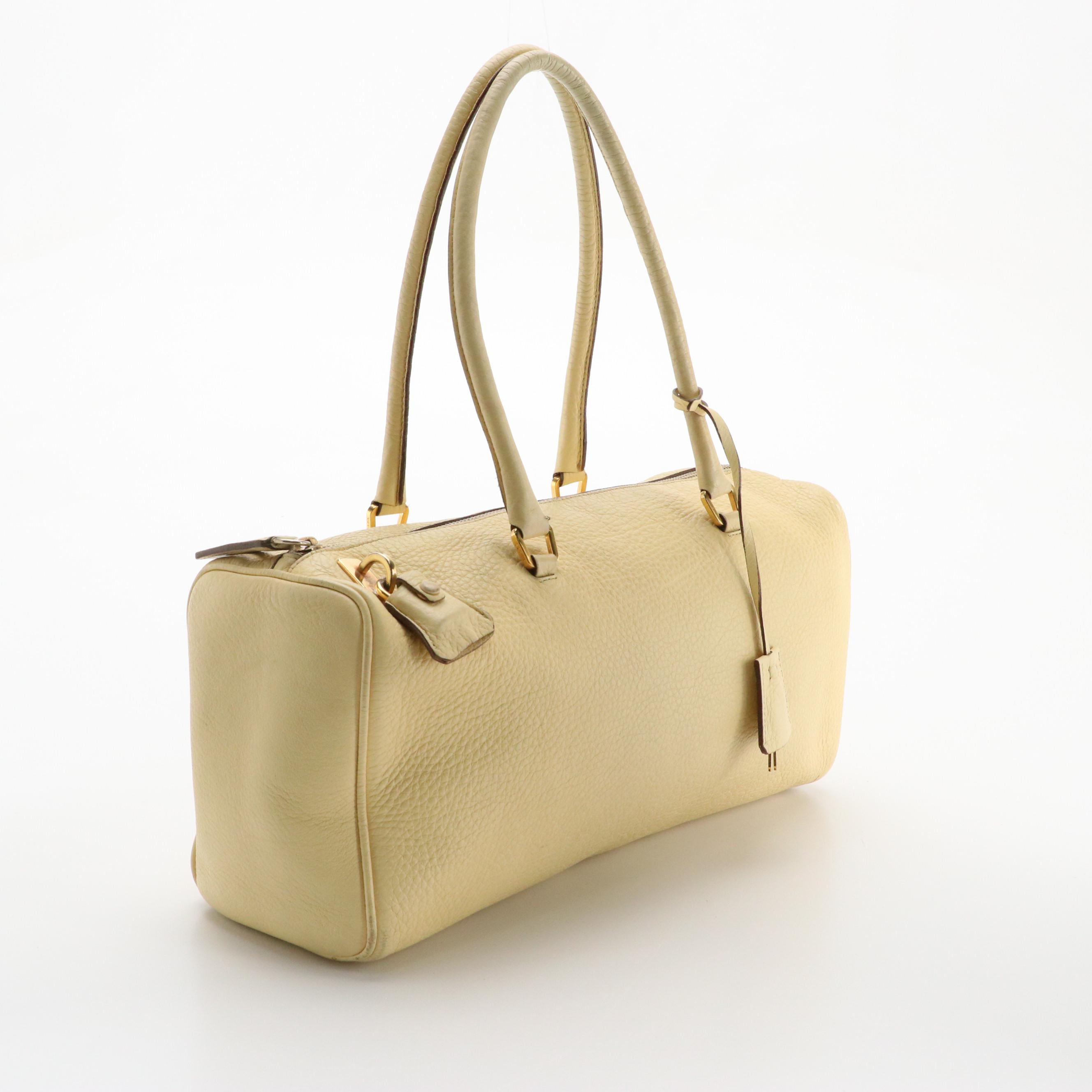 Prada Zippered Shoulder Satchel in Buttercream Grained Leather