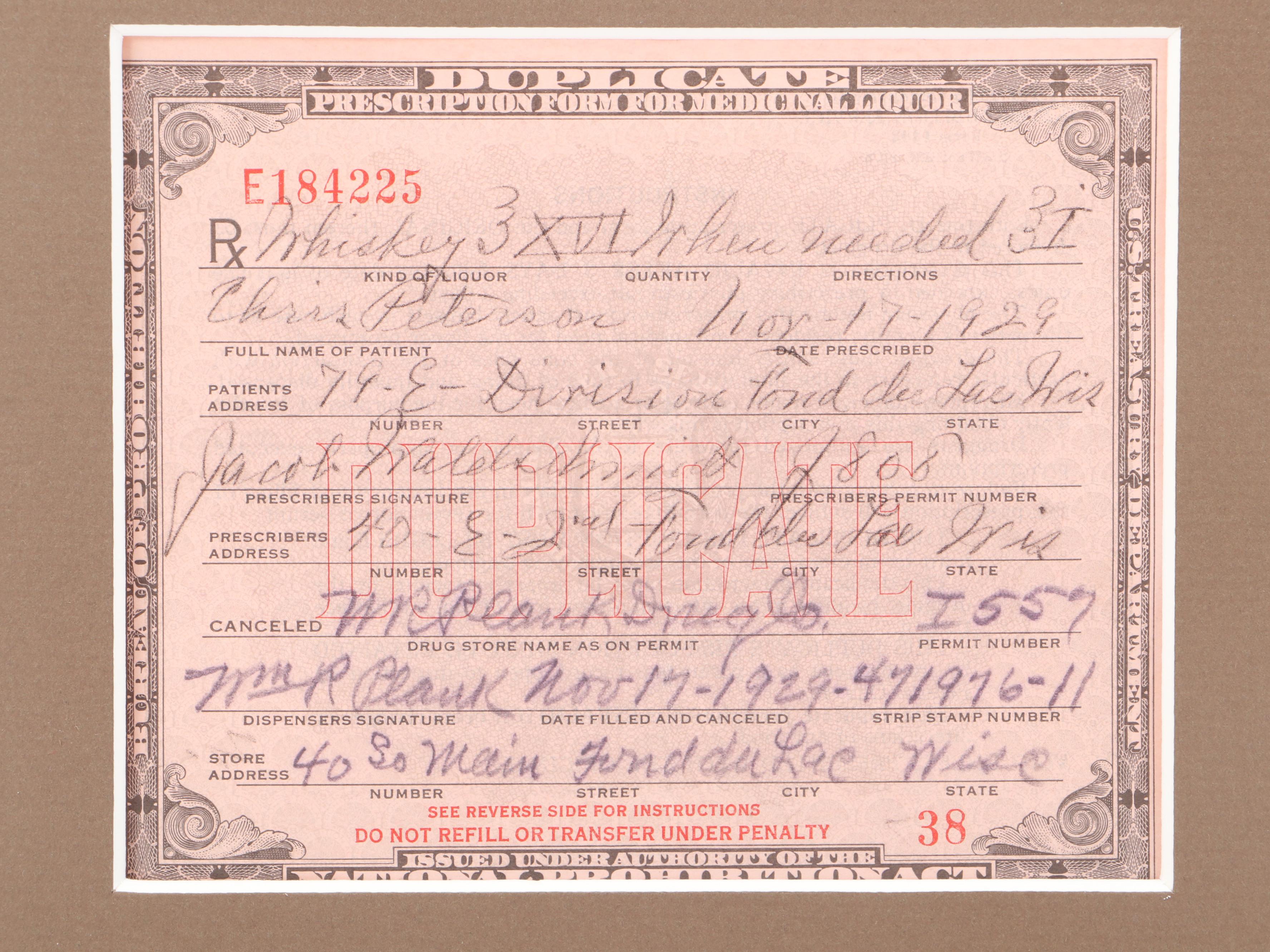 Prescription Form for Prohibition Era Whiskey, 1929