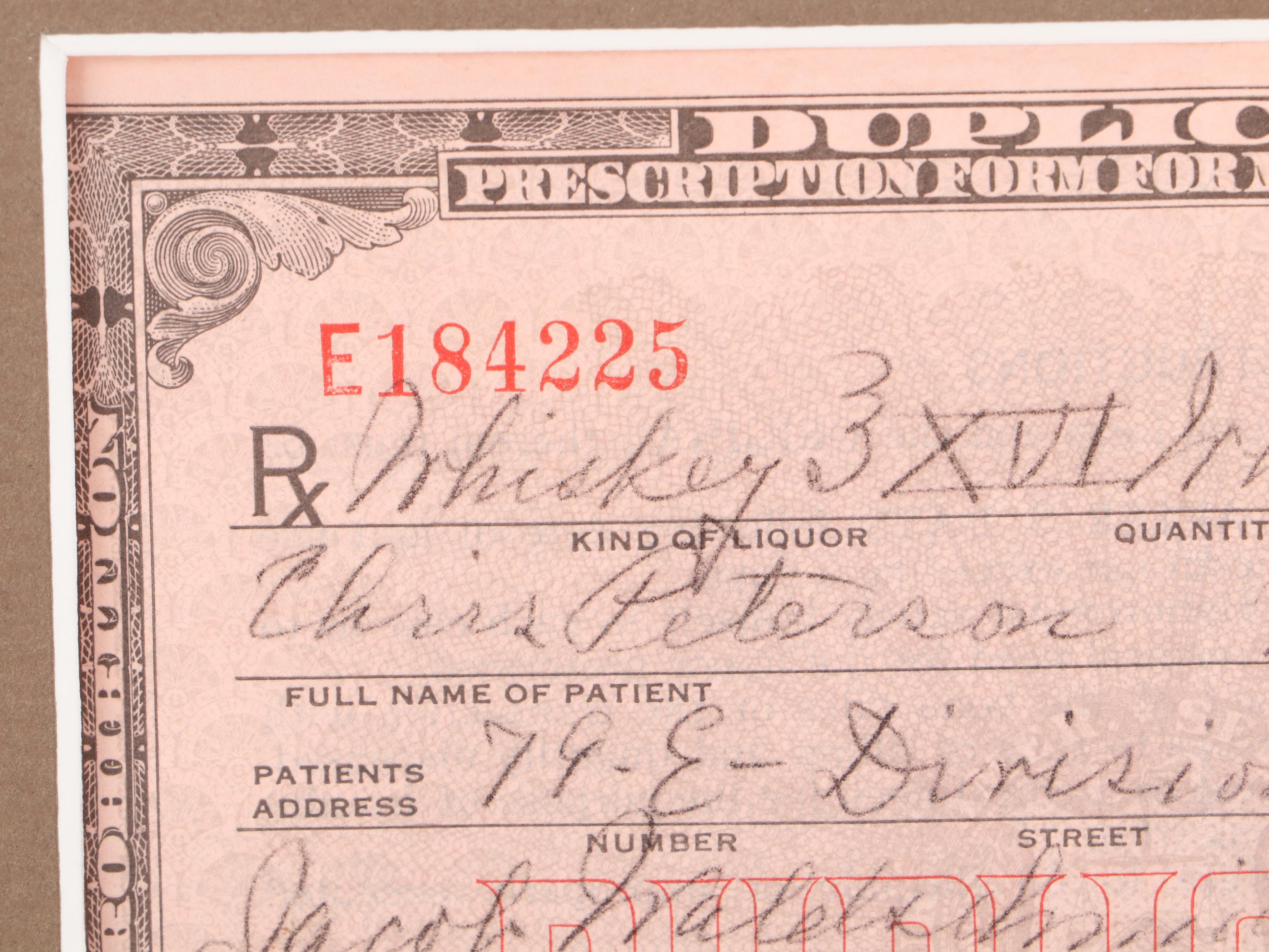 Prescription Form for Prohibition Era Whiskey, 1929
