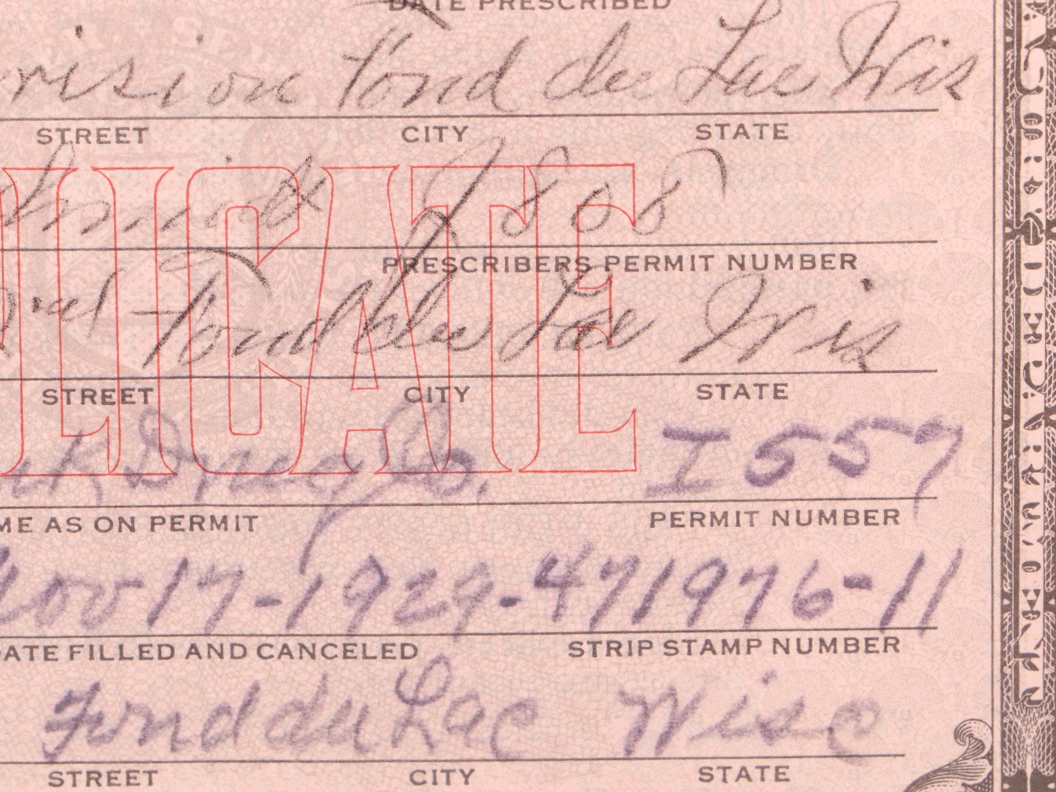 Prescription Form for Prohibition Era Whiskey, 1929