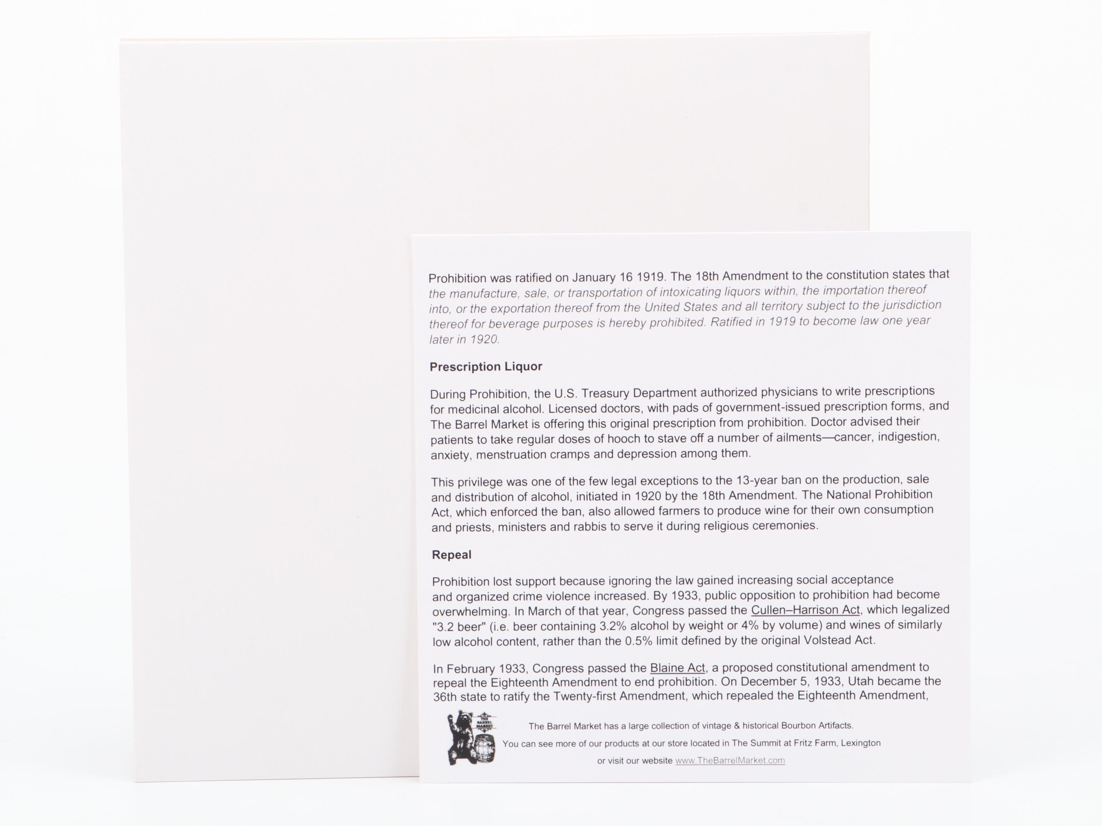 Prescription Form for Prohibition Era Whiskey, 1929