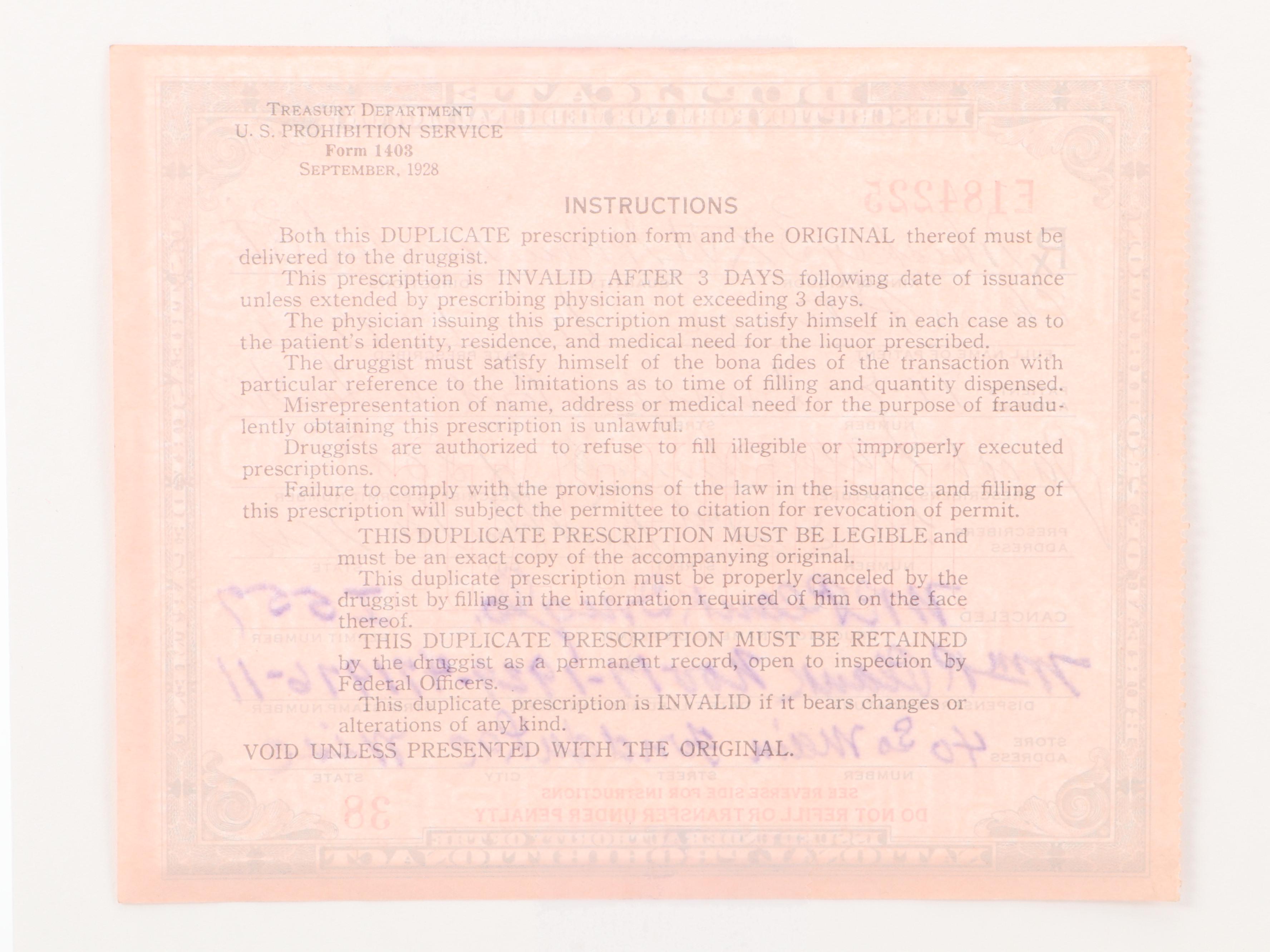 Prescription Form for Prohibition Era Whiskey, 1929