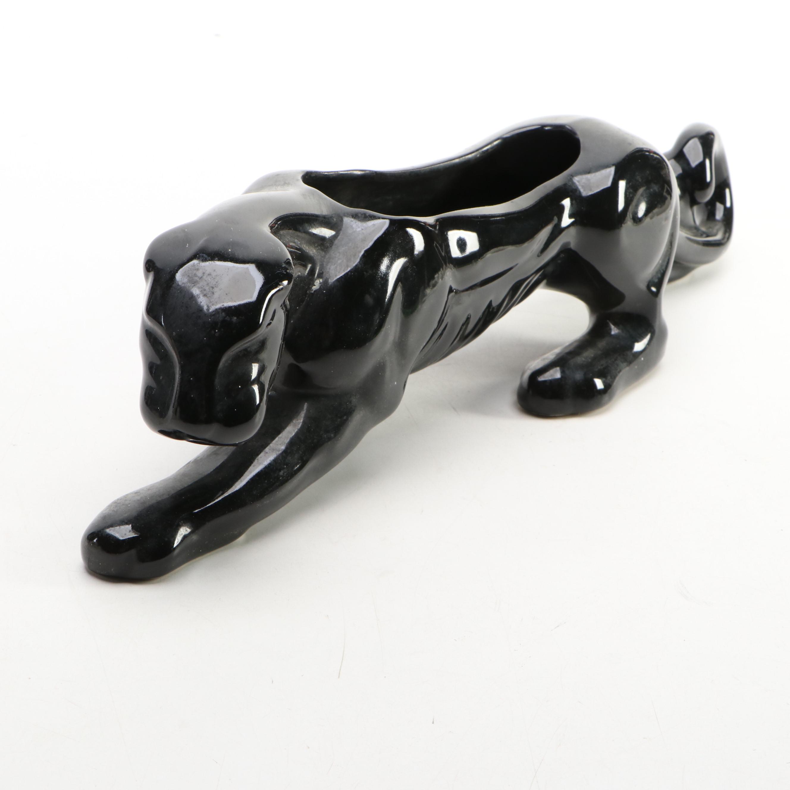 Mid Century Modern Style Glossy Black Ceramic Panther Planter with Other Décor