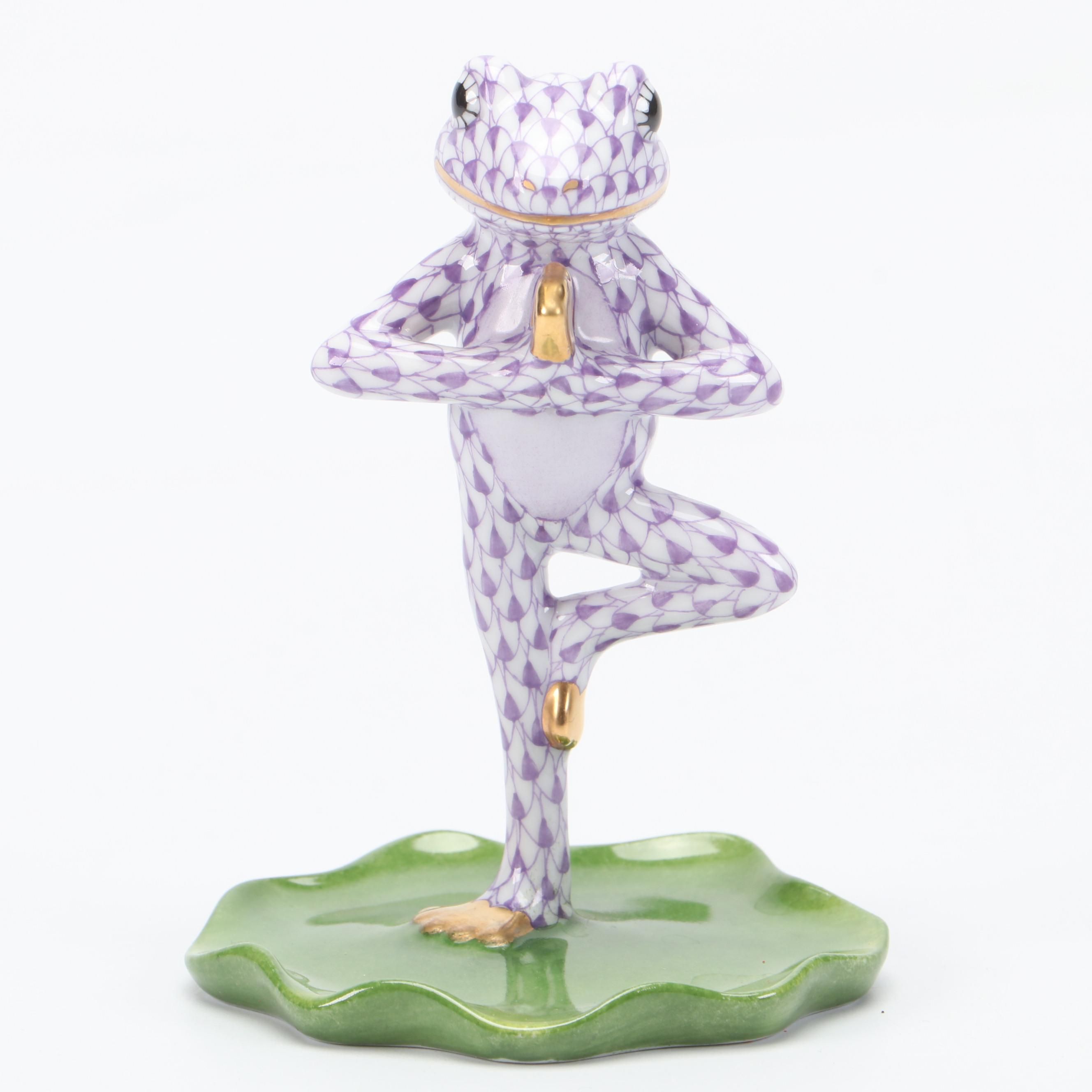 Herend Lilac Fishnet with Gold "Yoga Frog in Tree Pose" Porcelain Figurine