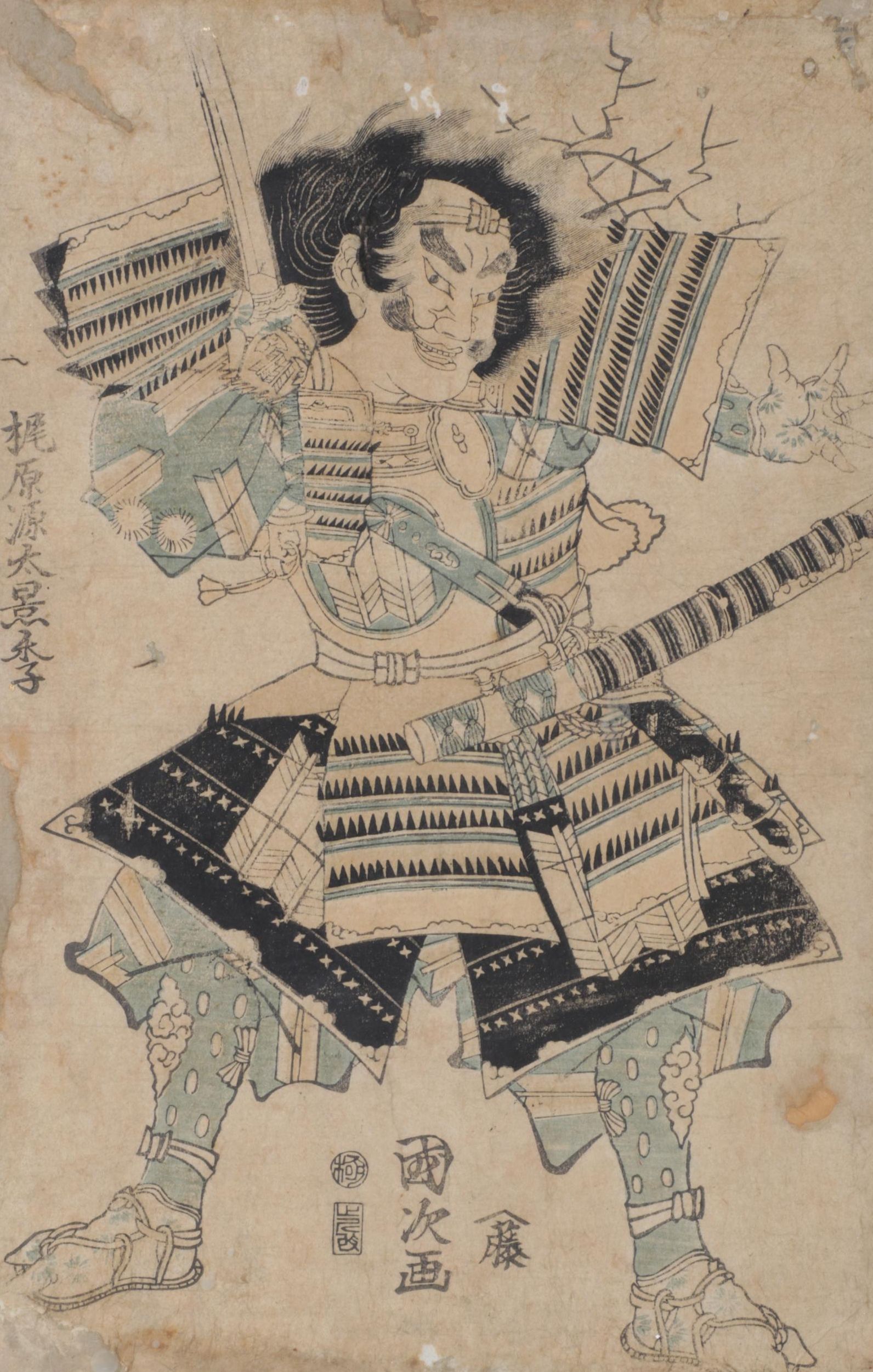 Japanese Woodblock Print of Samurai Kajiwara Genta in Style of Utagawa Kunisada