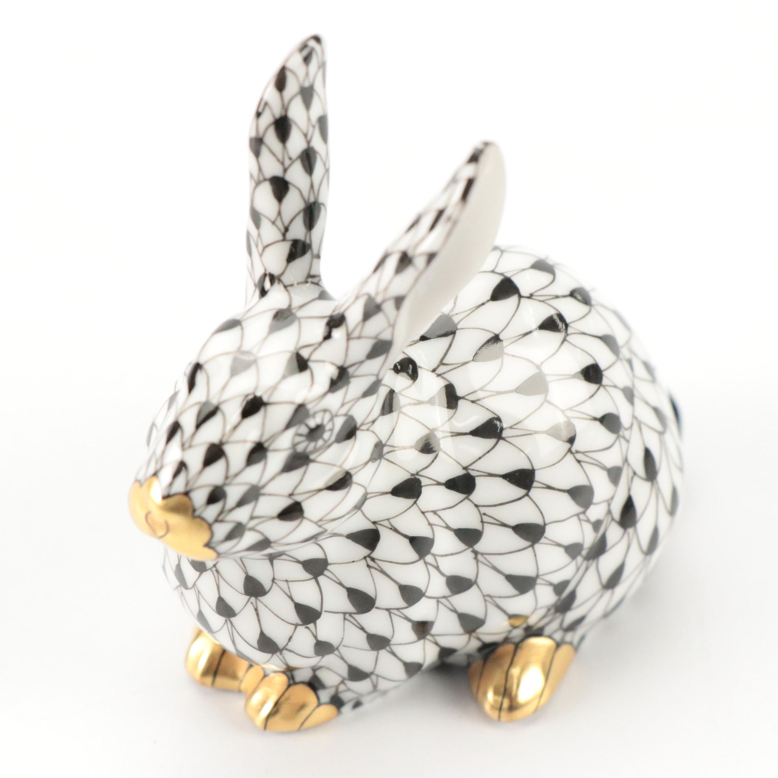 Herend Guild Black Fishnet with Gold "Chubby Bunny" Porcelain Figurine, 2006