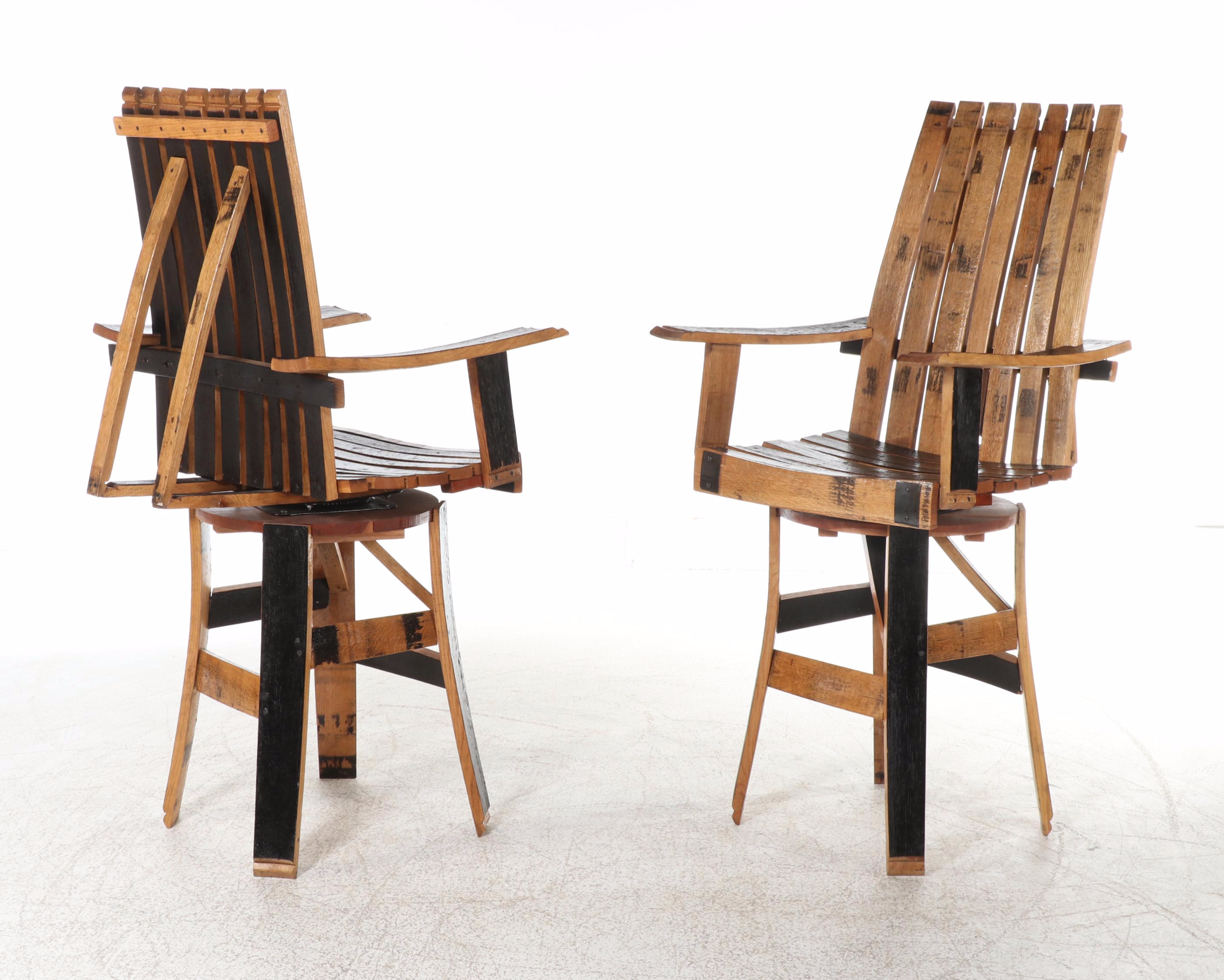 Pair of Amish Made Charred White Oak Bourbon Barrel Stave Swivel Stools