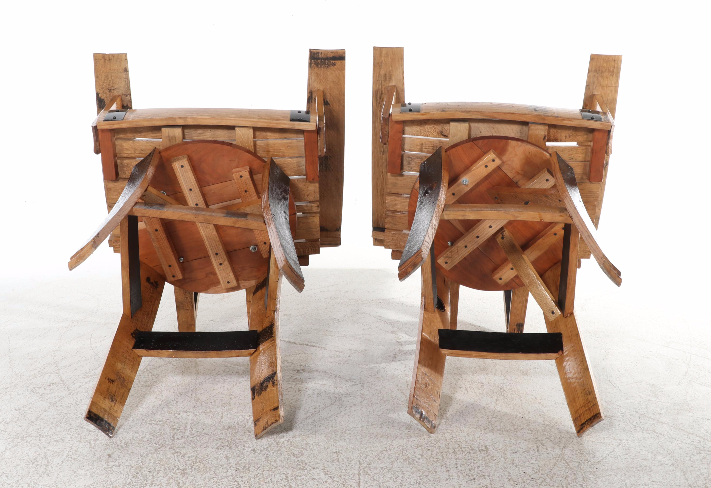 Pair of Amish Made Charred White Oak Bourbon Barrel Stave Swivel Stools