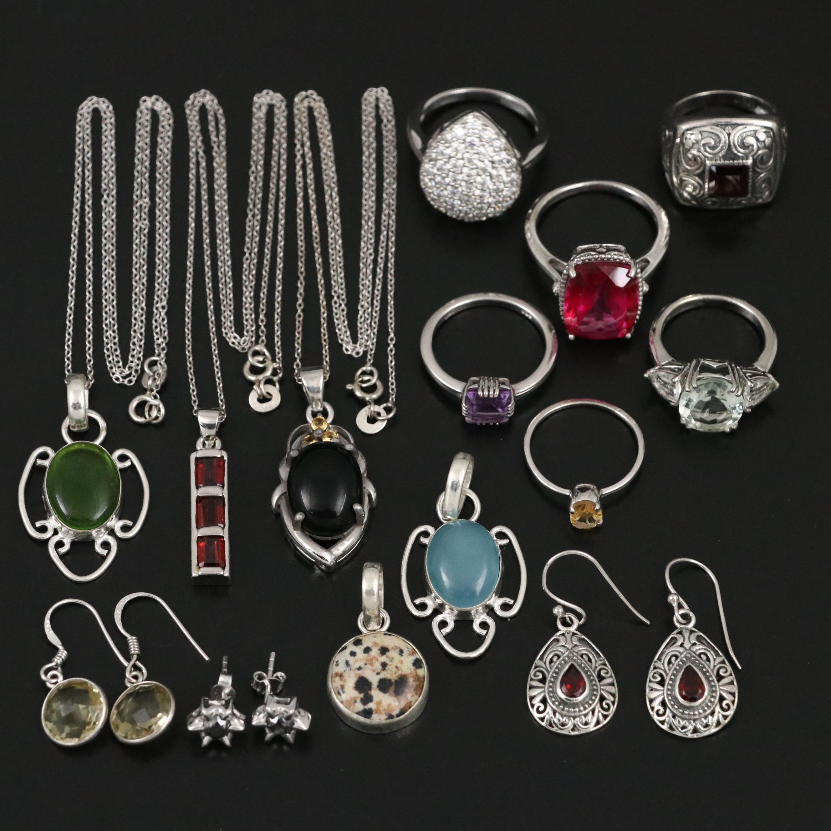 Group of 14 Assorted Sterling Silver Rings, Necklaces, Earrings, and Pendants
