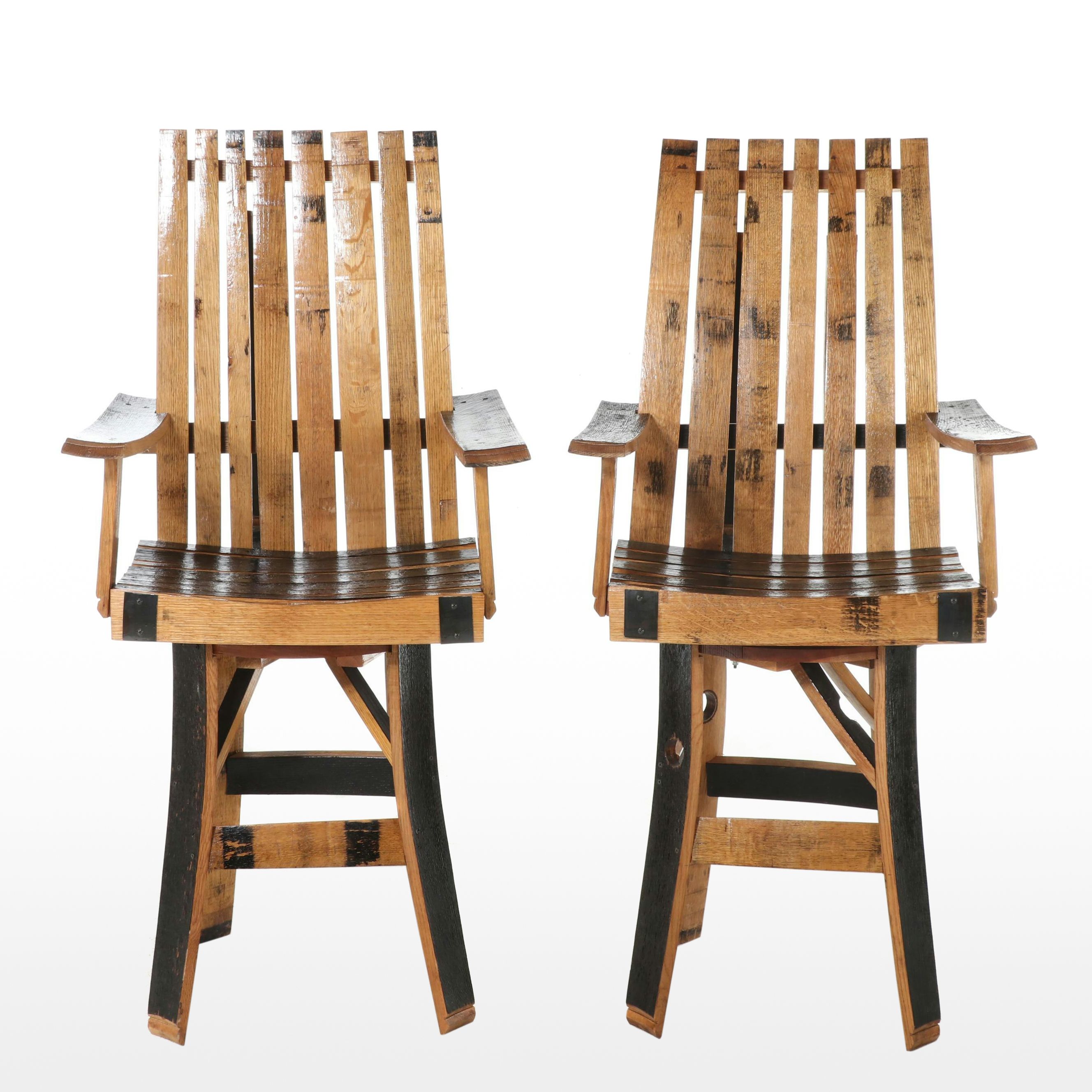 Pair of Amish Made Charred White Oak Bourbon Barrel Stave Swivel Stools