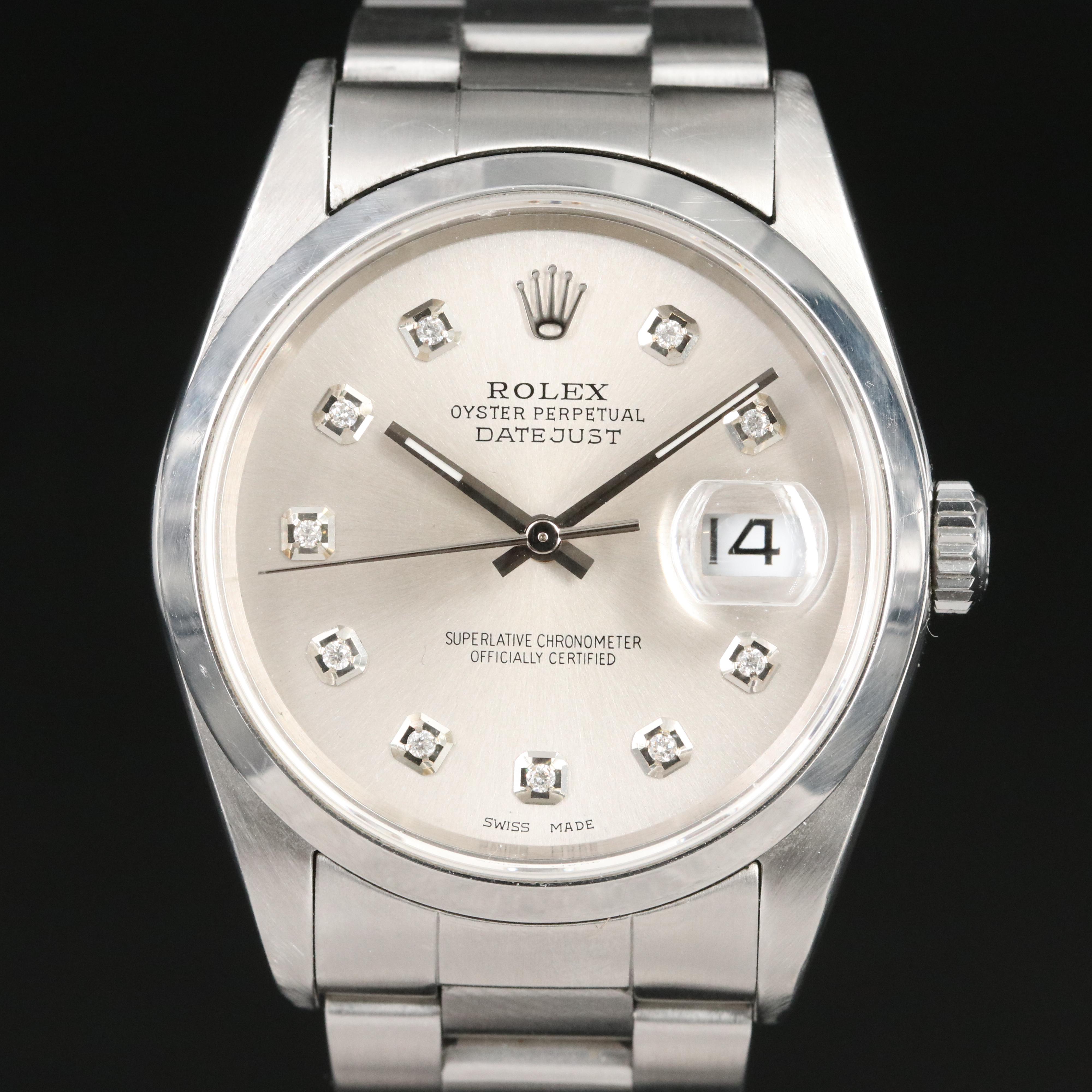 Rolex Datejust 16200 Custom Diamond Dial 36mm Steel Automatic Watch