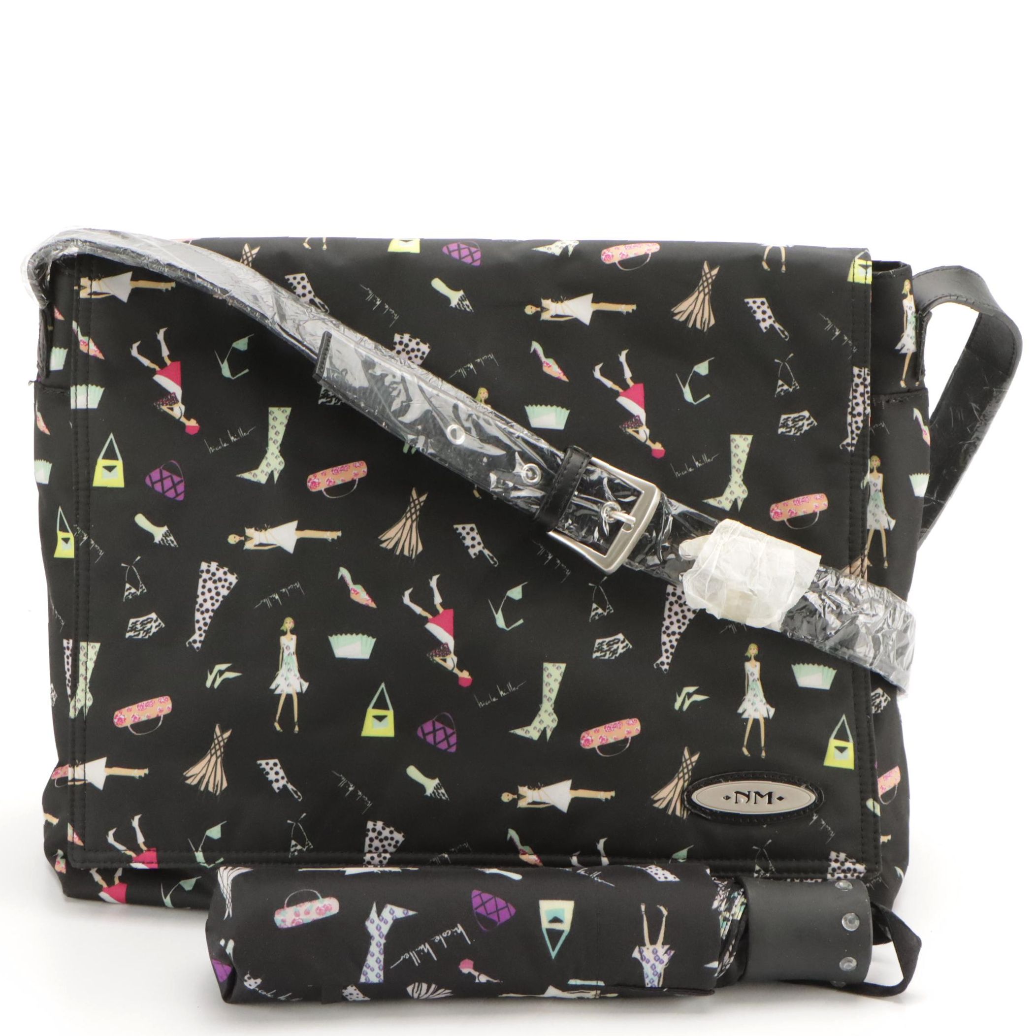 Nicole Miller Fashion Print Laptop Messenger Bag with Travel Umbrella