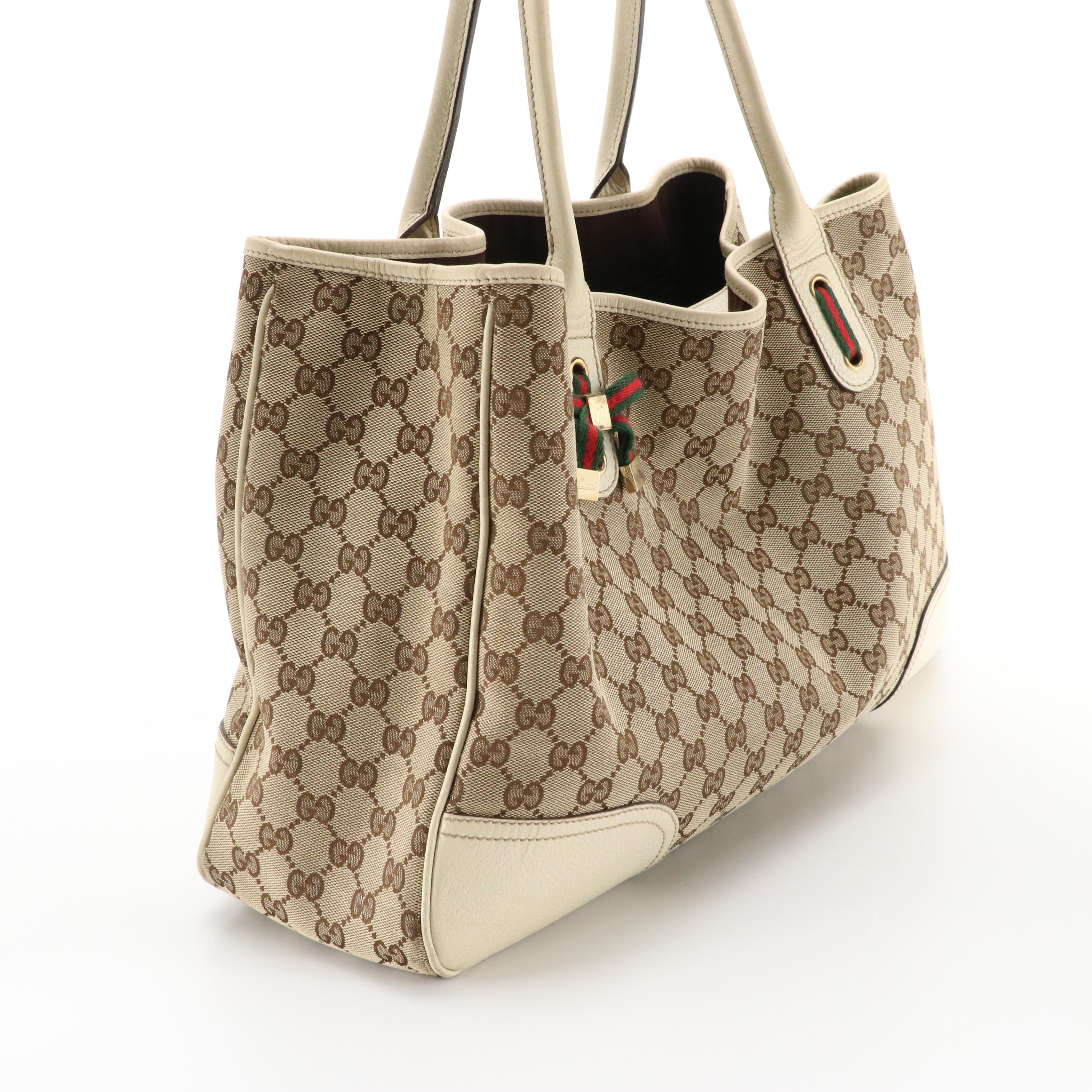 Gucci Large Princy Tote in Brown GG Canvas and Ivory Leather Trim