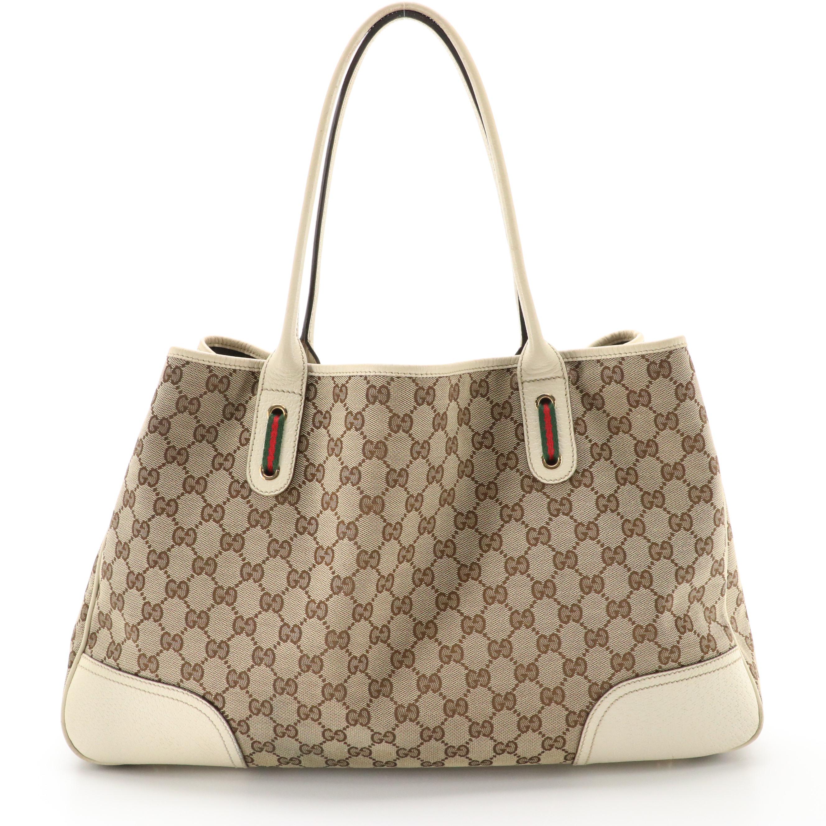 Gucci Large Princy Tote in Brown GG Canvas and Ivory Leather Trim