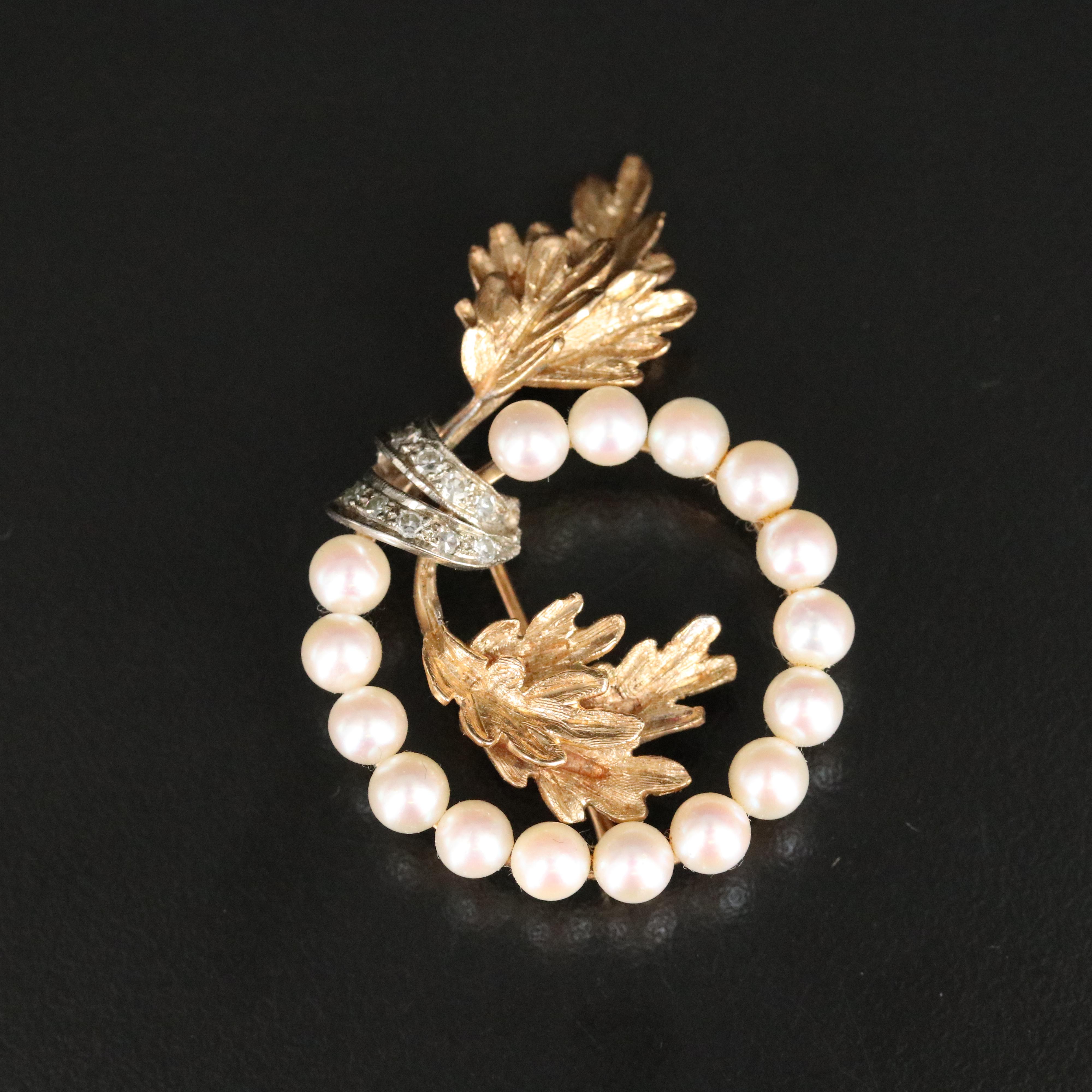 14K Pearl and Diamond Spiral Pin with Oak Leaf Details