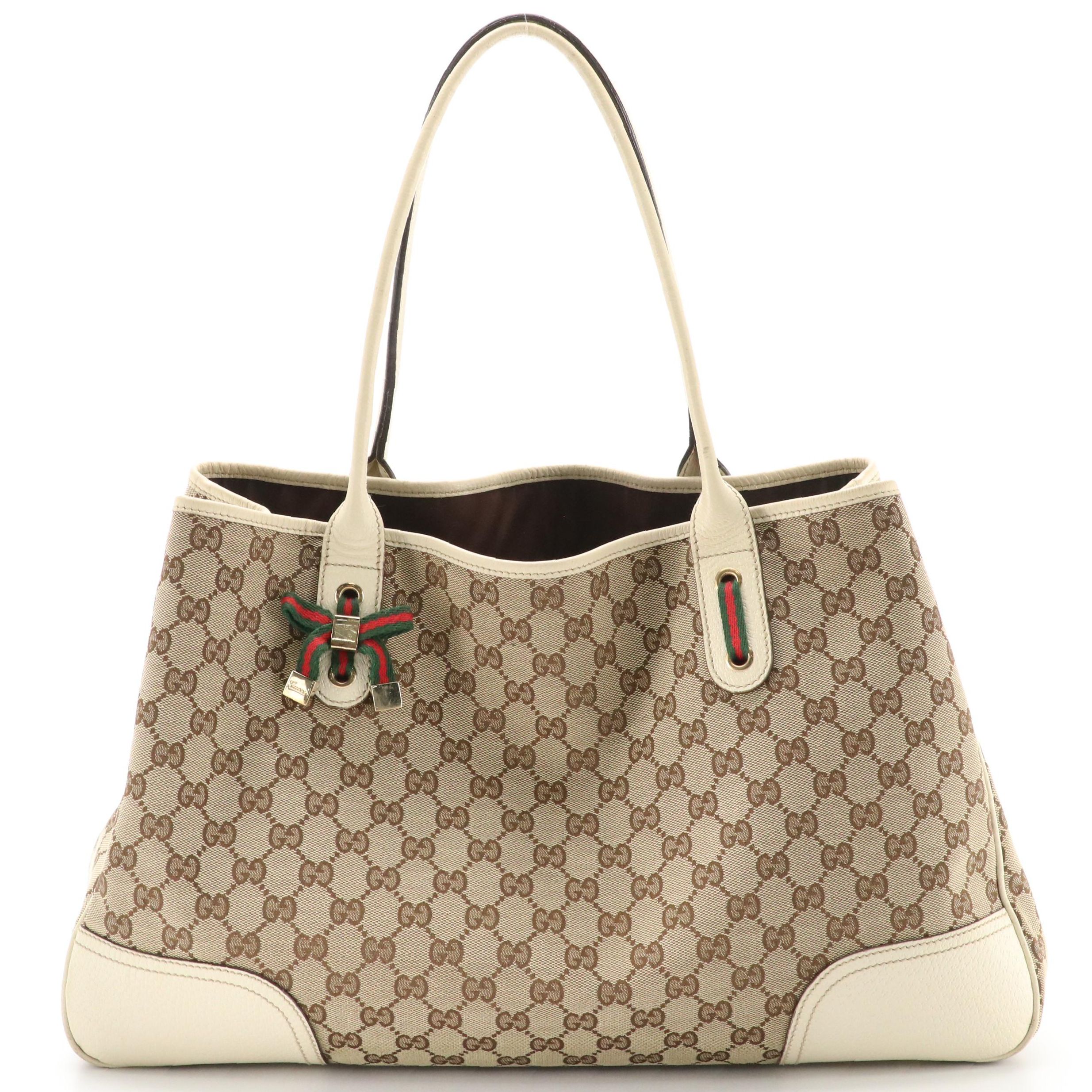 Gucci Large Princy Tote in Brown GG Canvas and Ivory Leather Trim