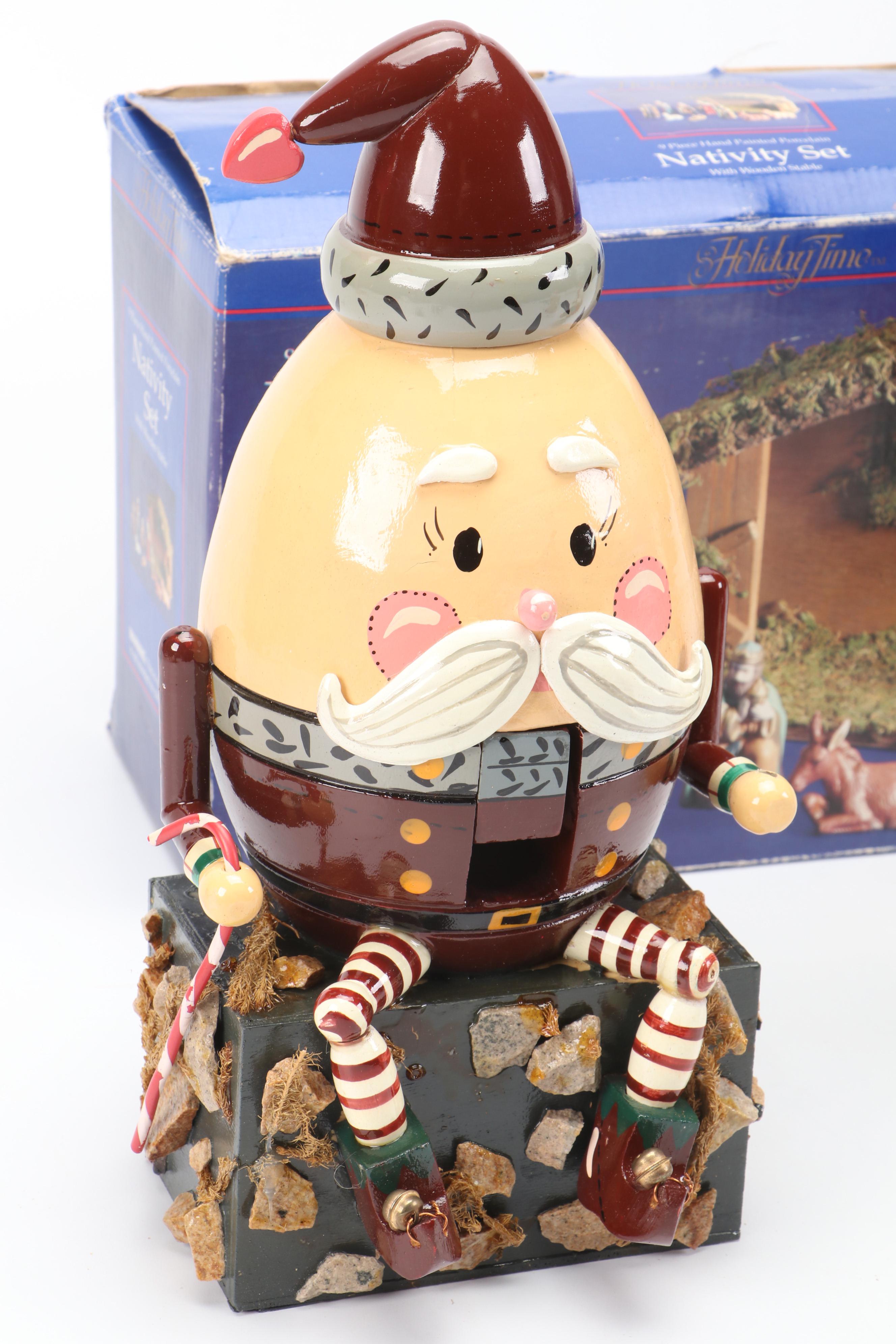 Holiday Time Ceramic Nativity Set with Steinbach and Other Nutcrackers