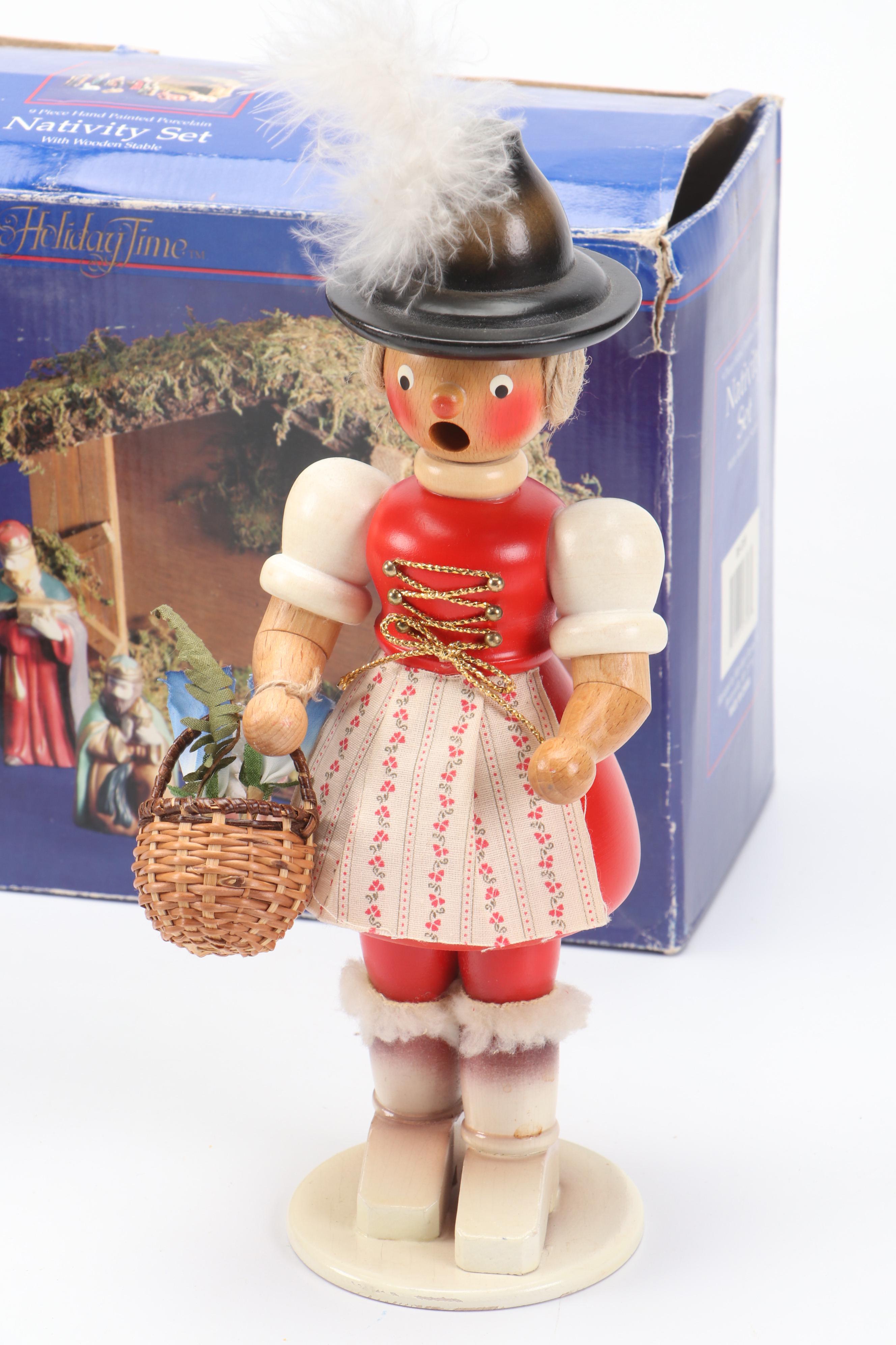 Holiday Time Ceramic Nativity Set with Steinbach and Other Nutcrackers