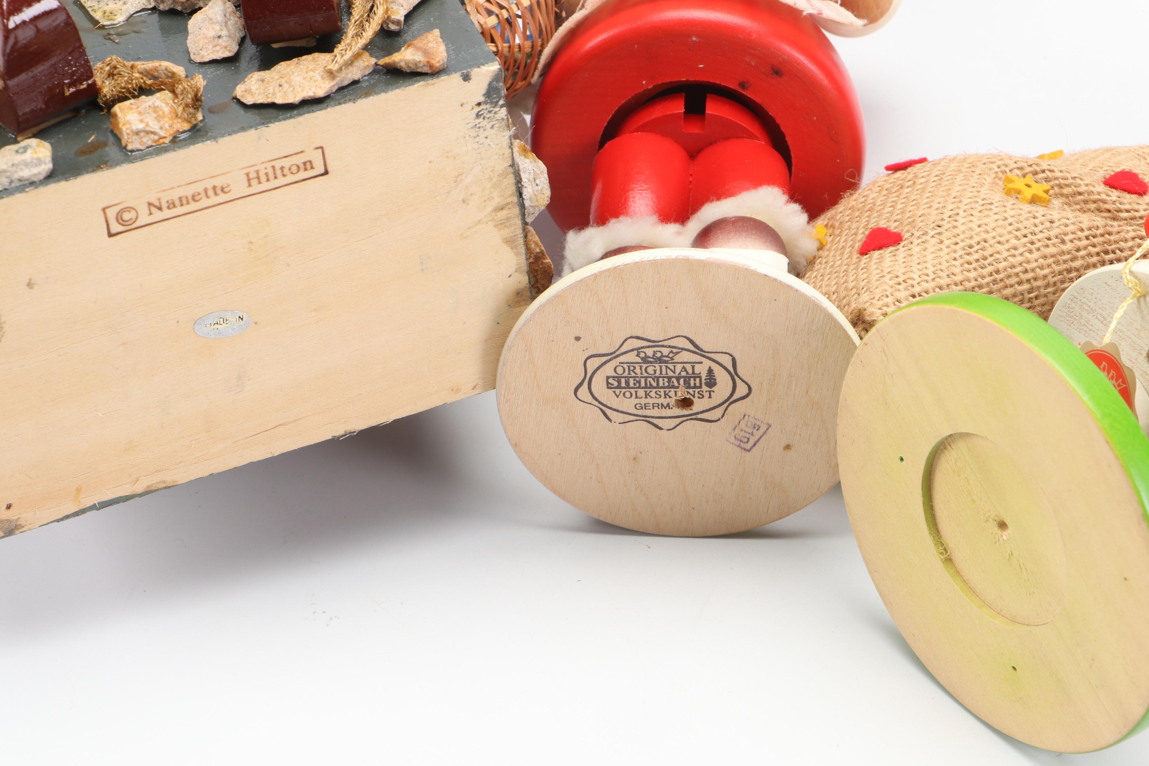 Holiday Time Ceramic Nativity Set with Steinbach and Other Nutcrackers