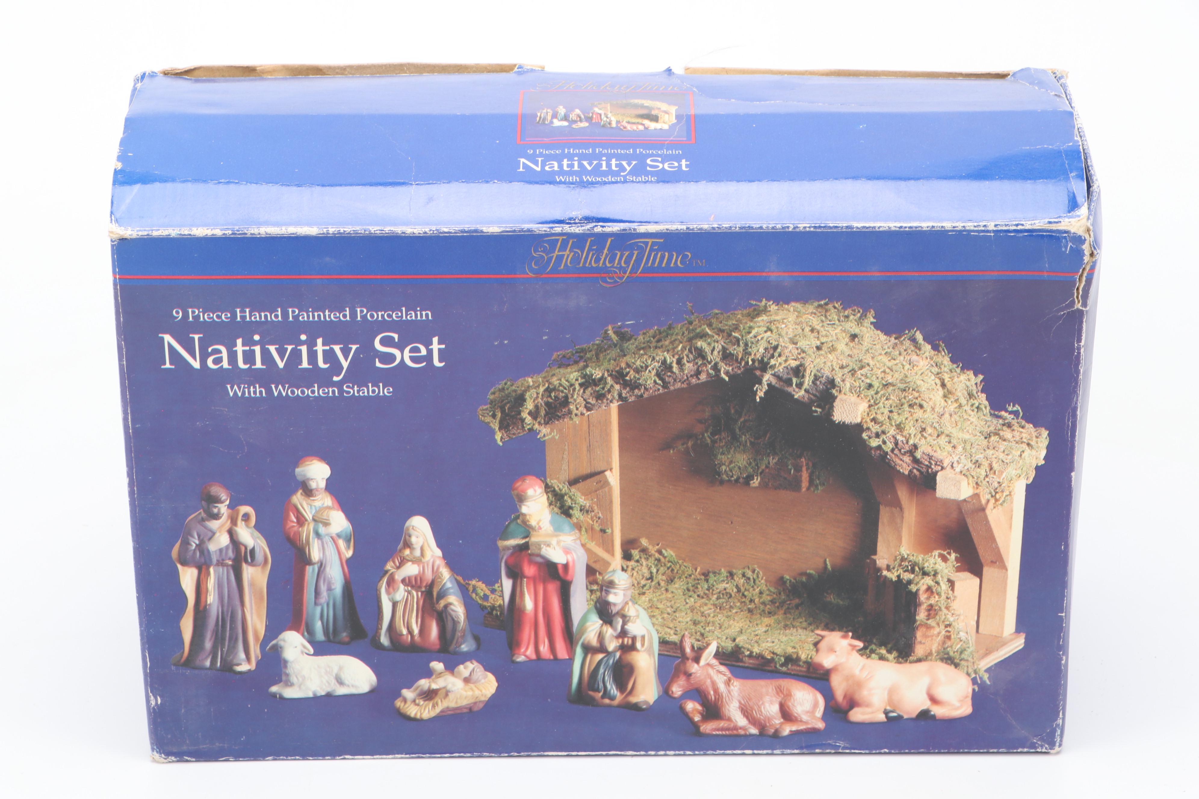 Holiday Time Ceramic Nativity Set with Steinbach and Other Nutcrackers