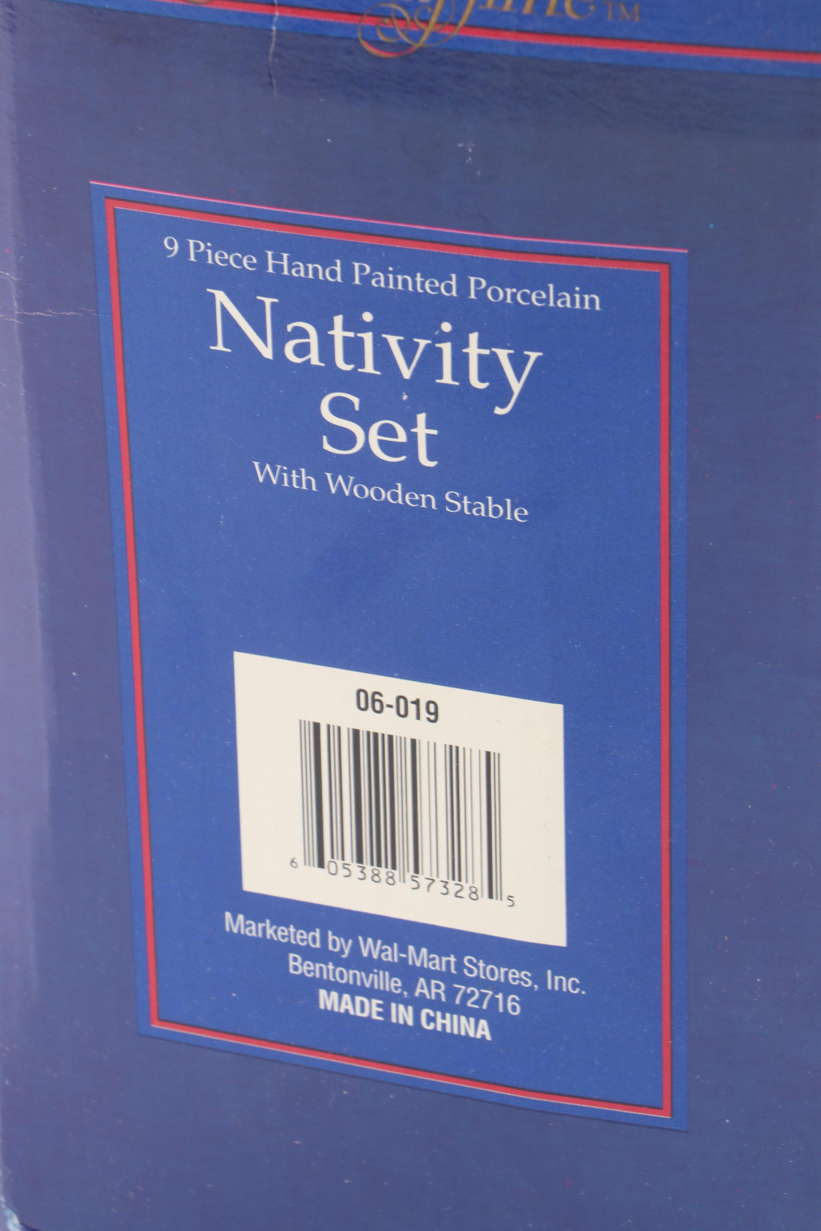 Holiday Time Ceramic Nativity Set with Steinbach and Other Nutcrackers