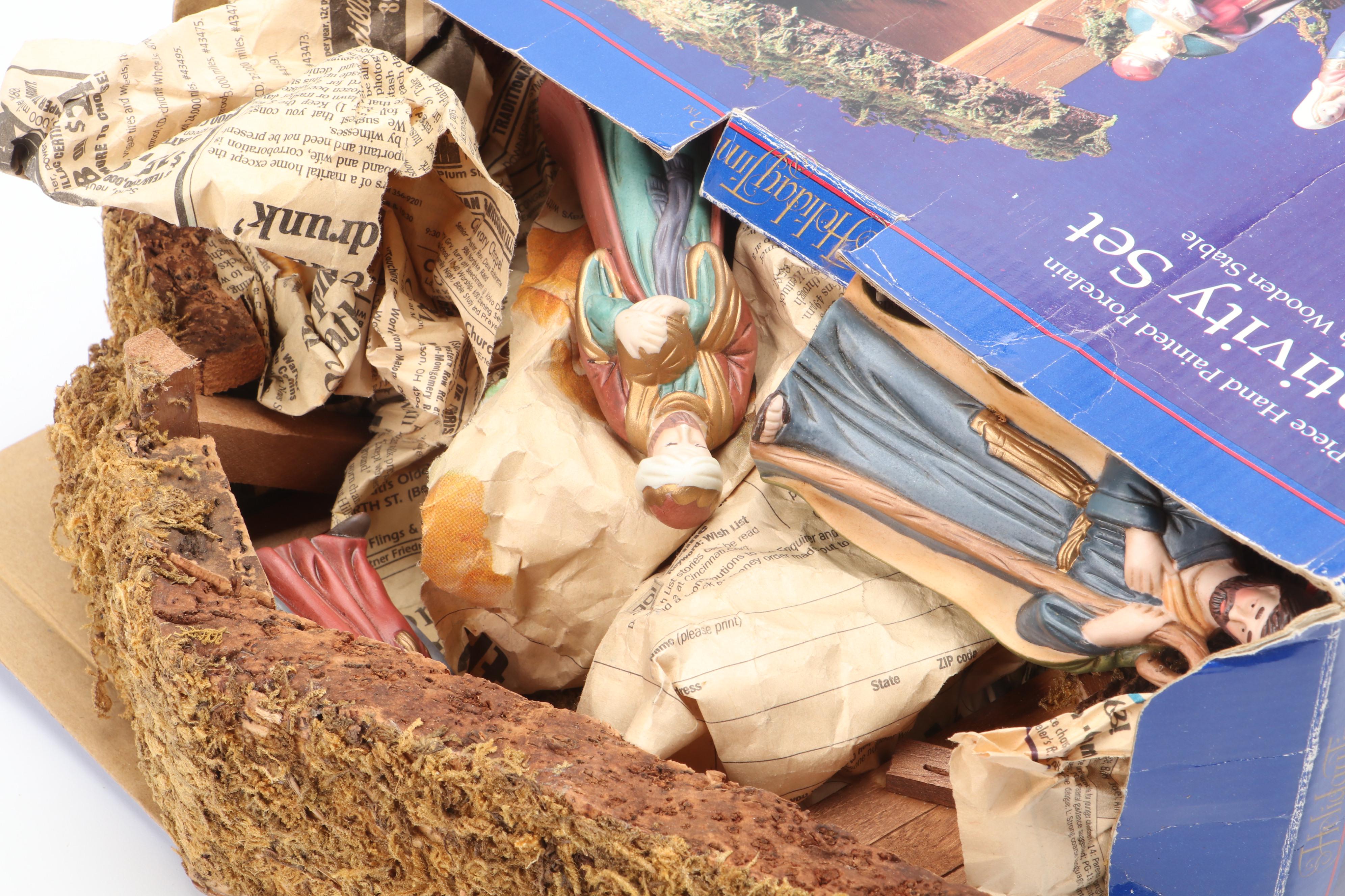 Holiday Time Ceramic Nativity Set with Steinbach and Other Nutcrackers