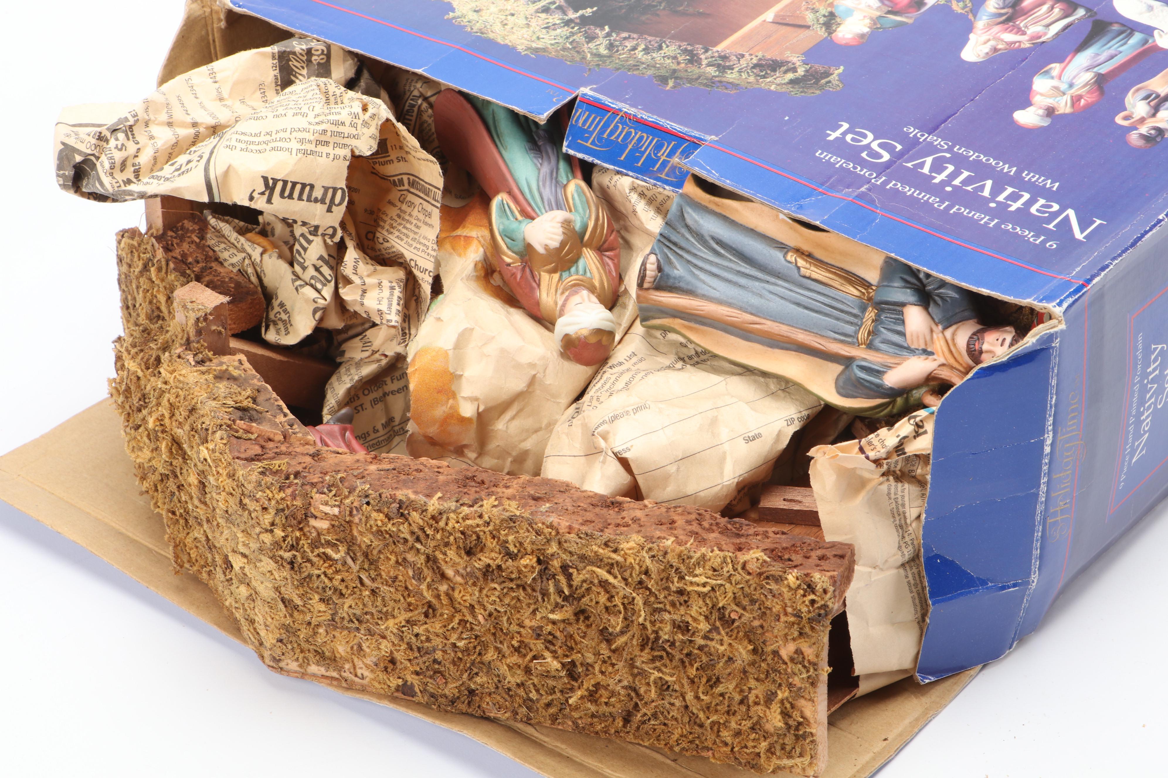 Holiday Time Ceramic Nativity Set with Steinbach and Other Nutcrackers